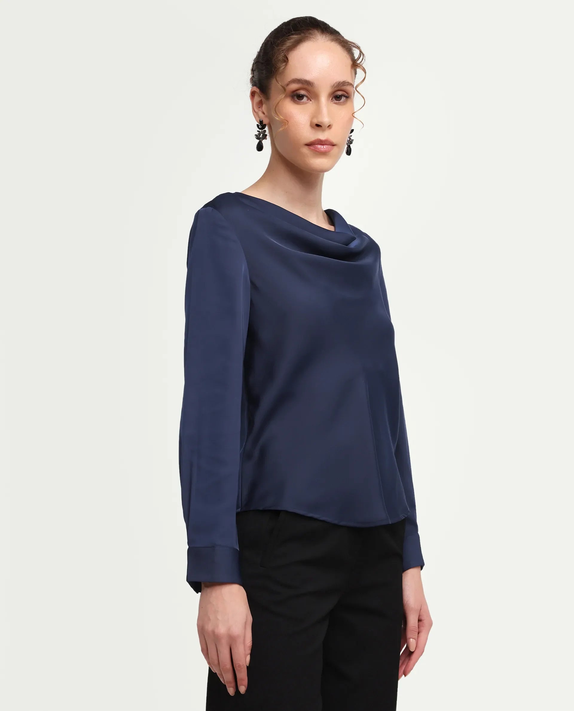Rareism Women's Avier Navy Polyester Cowl Neck Regular Fit Plain Top