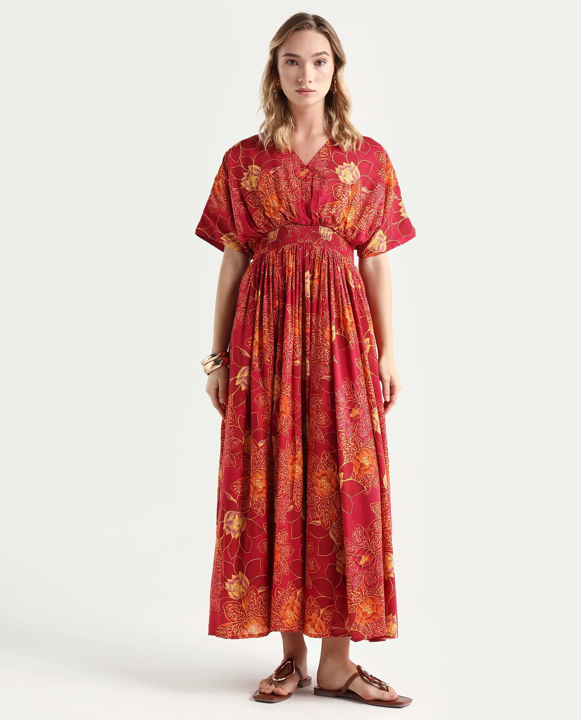 Rareism Women's Avimay Pink Modal V-Neck Fit And Flare Printed Dress