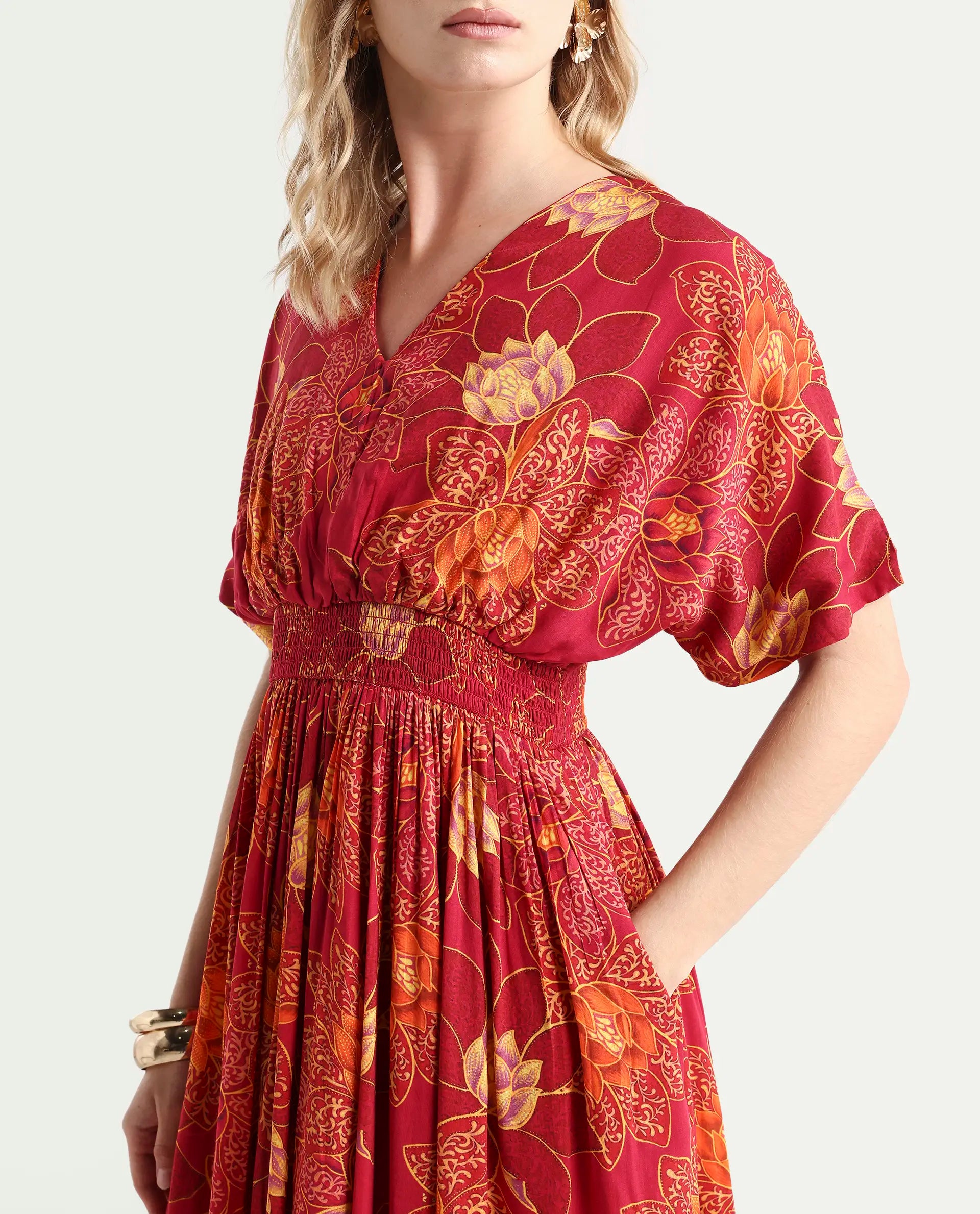 Rareism Women's Avimay Pink Modal V-Neck Fit And Flare Printed Dress