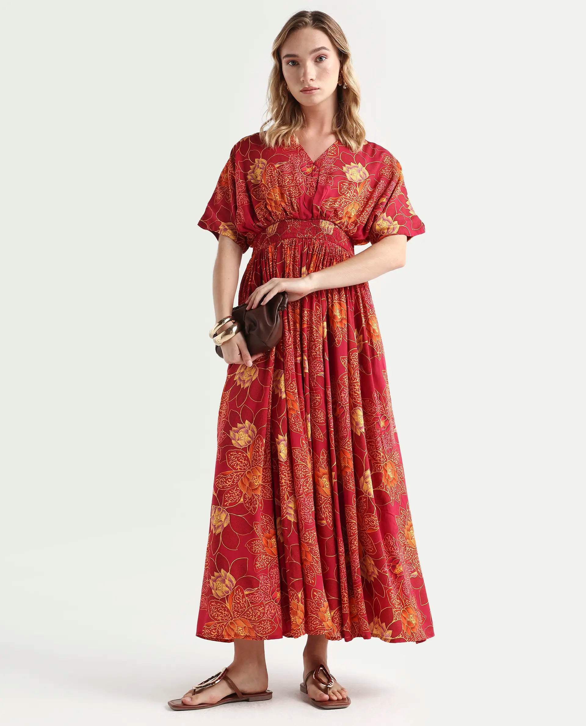 Rareism Women's Avimay Pink Modal V-Neck Fit And Flare Printed Dress