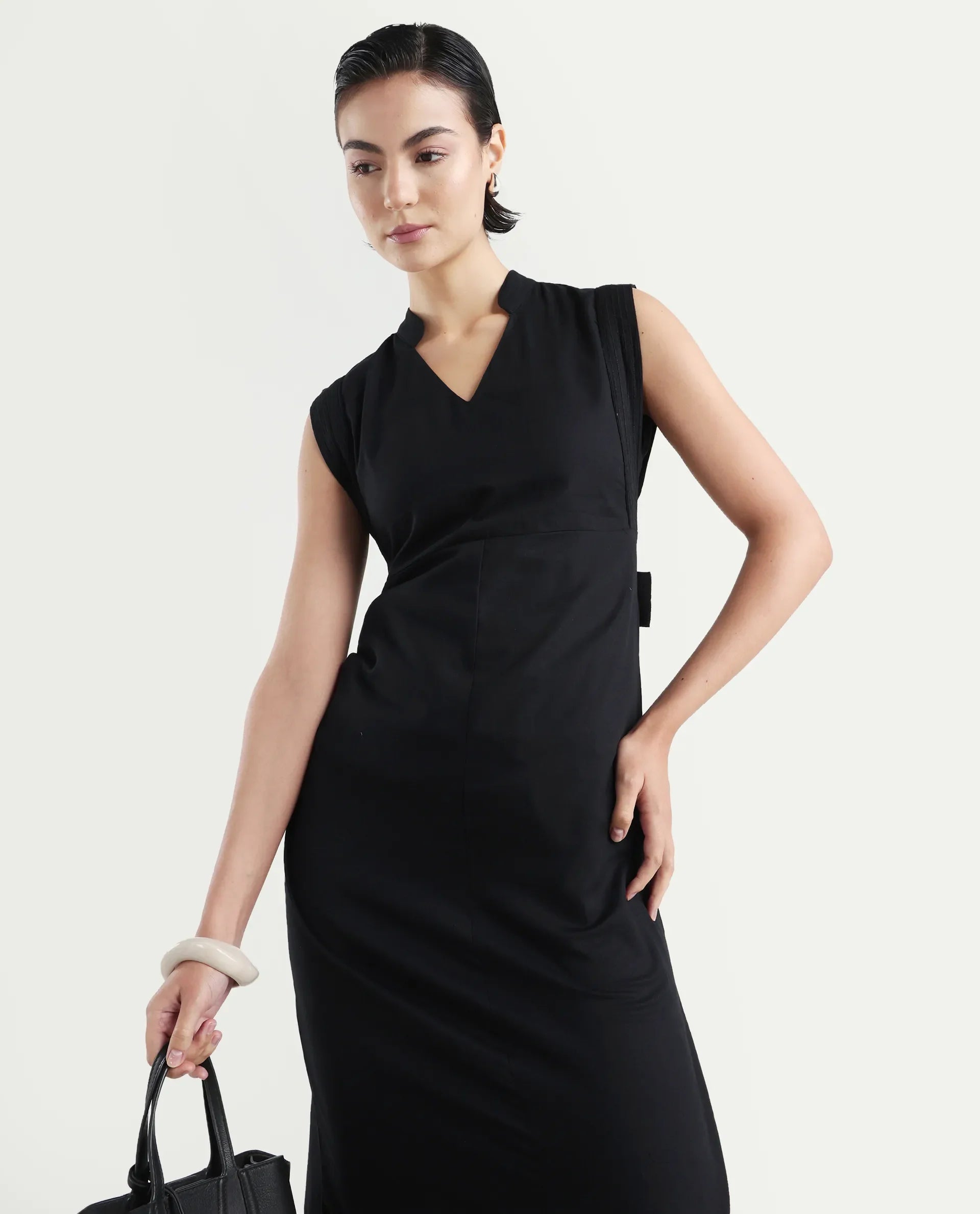 Rareism Women's Jenzo Black Cotton Sleeveless Mandarin Collar Straight Fit Plain Dress