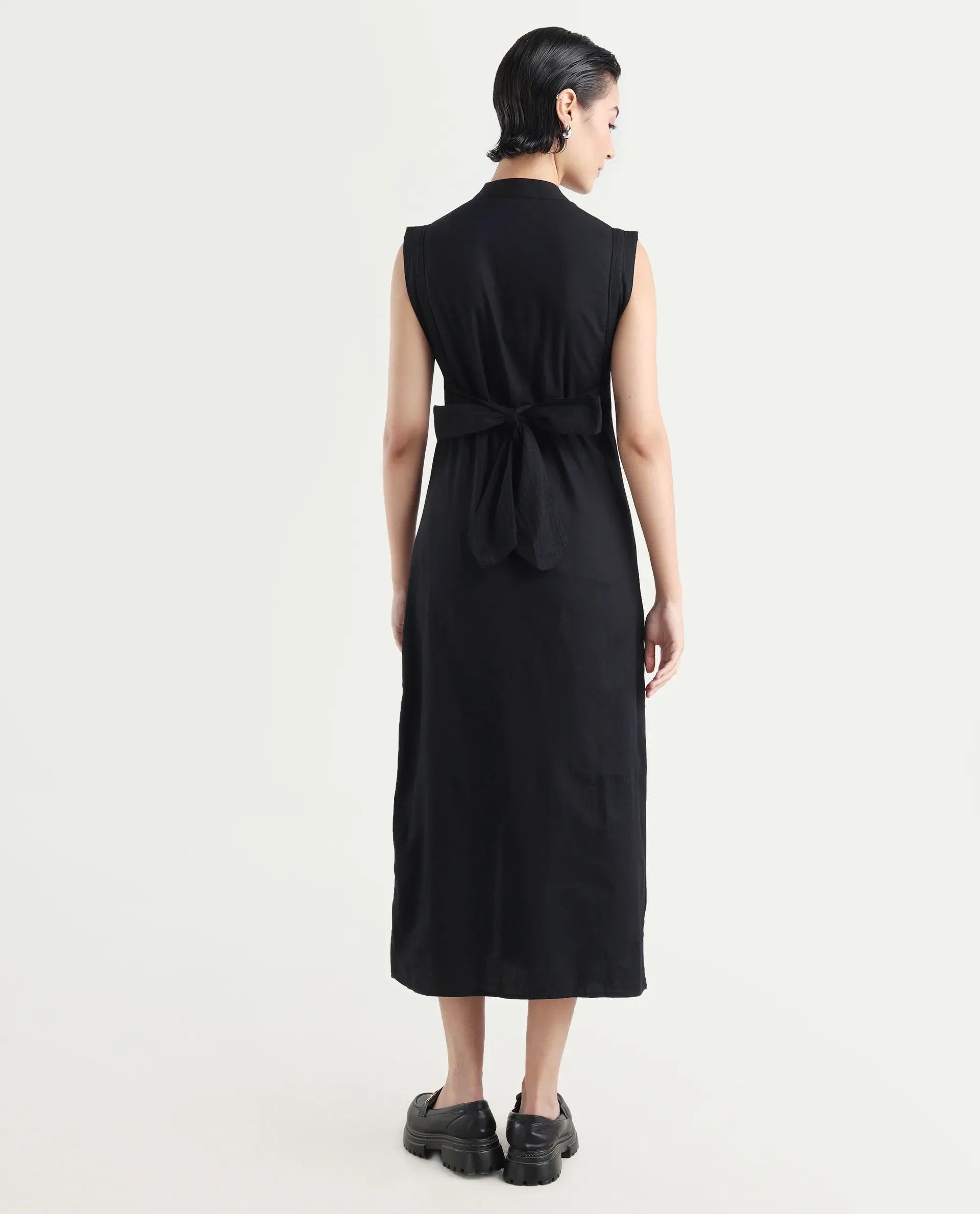 Rareism Women's Jenzo Black Cotton Sleeveless Mandarin Collar Straight Fit Plain Dress