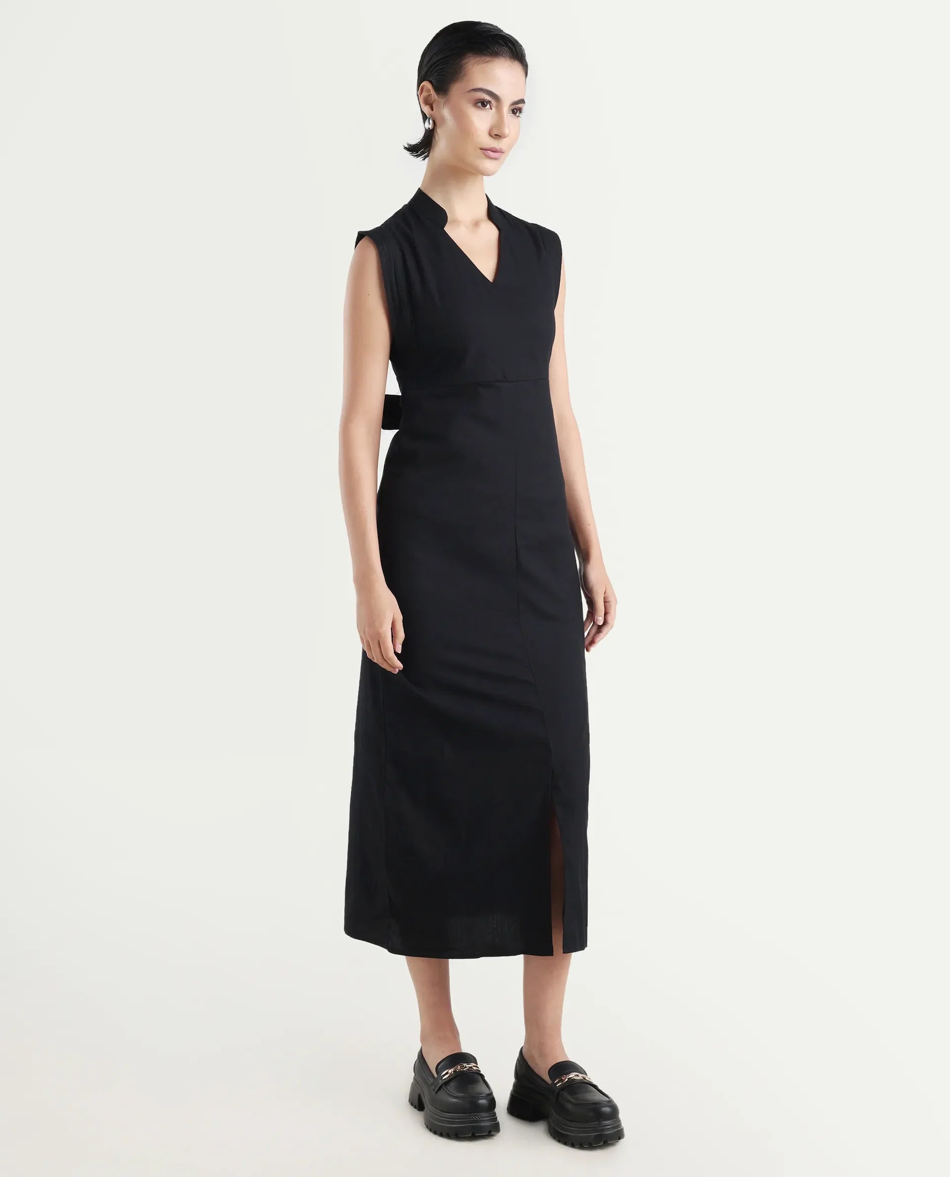 Rareism Women's Jenzo Black Cotton Sleeveless Mandarin Collar Straight Fit Plain Dress
