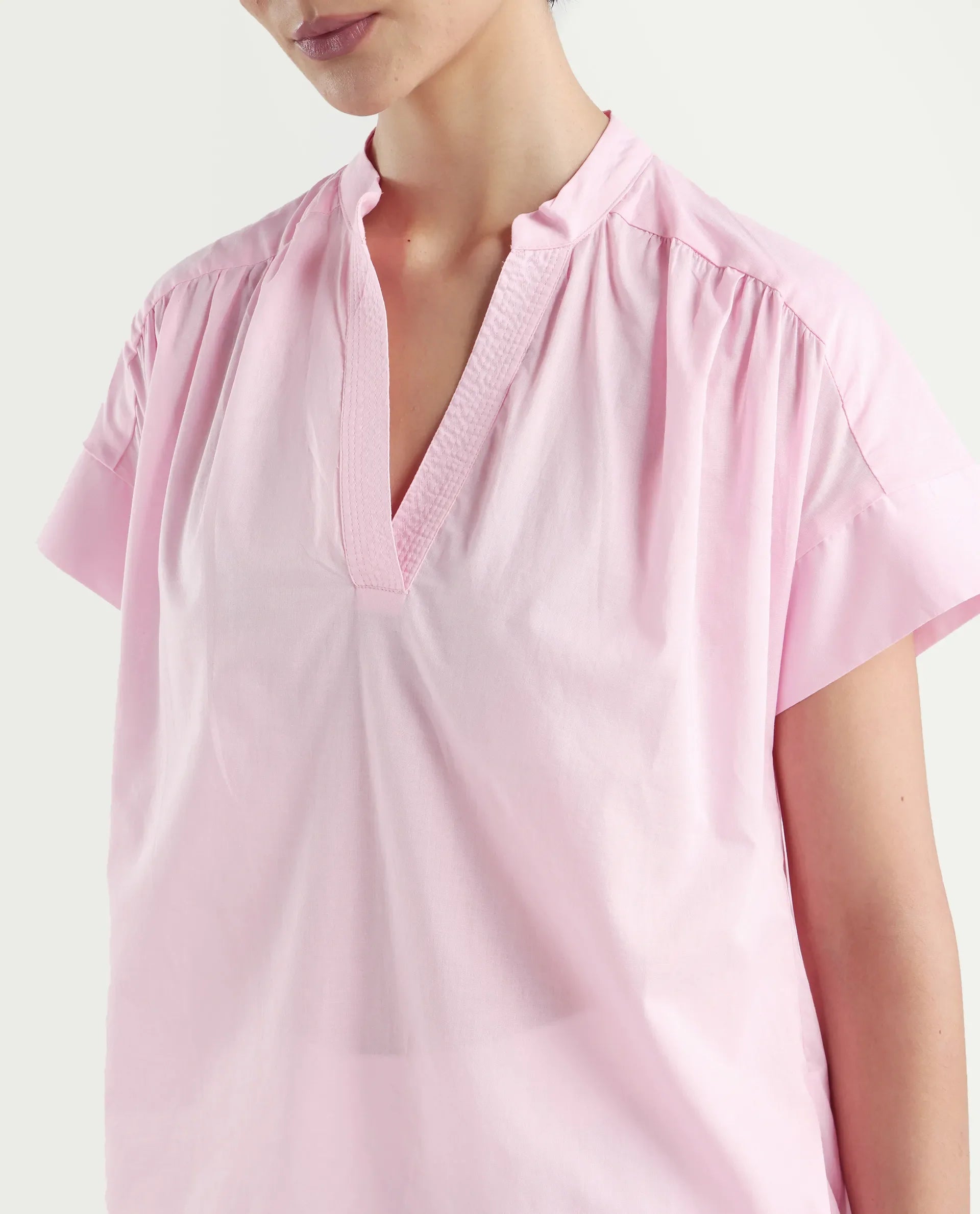 Rareism Women's Nupto Pastel Pink Cotton Extended Sleeves Mandarin Collar Relaxed Fit Plain Top