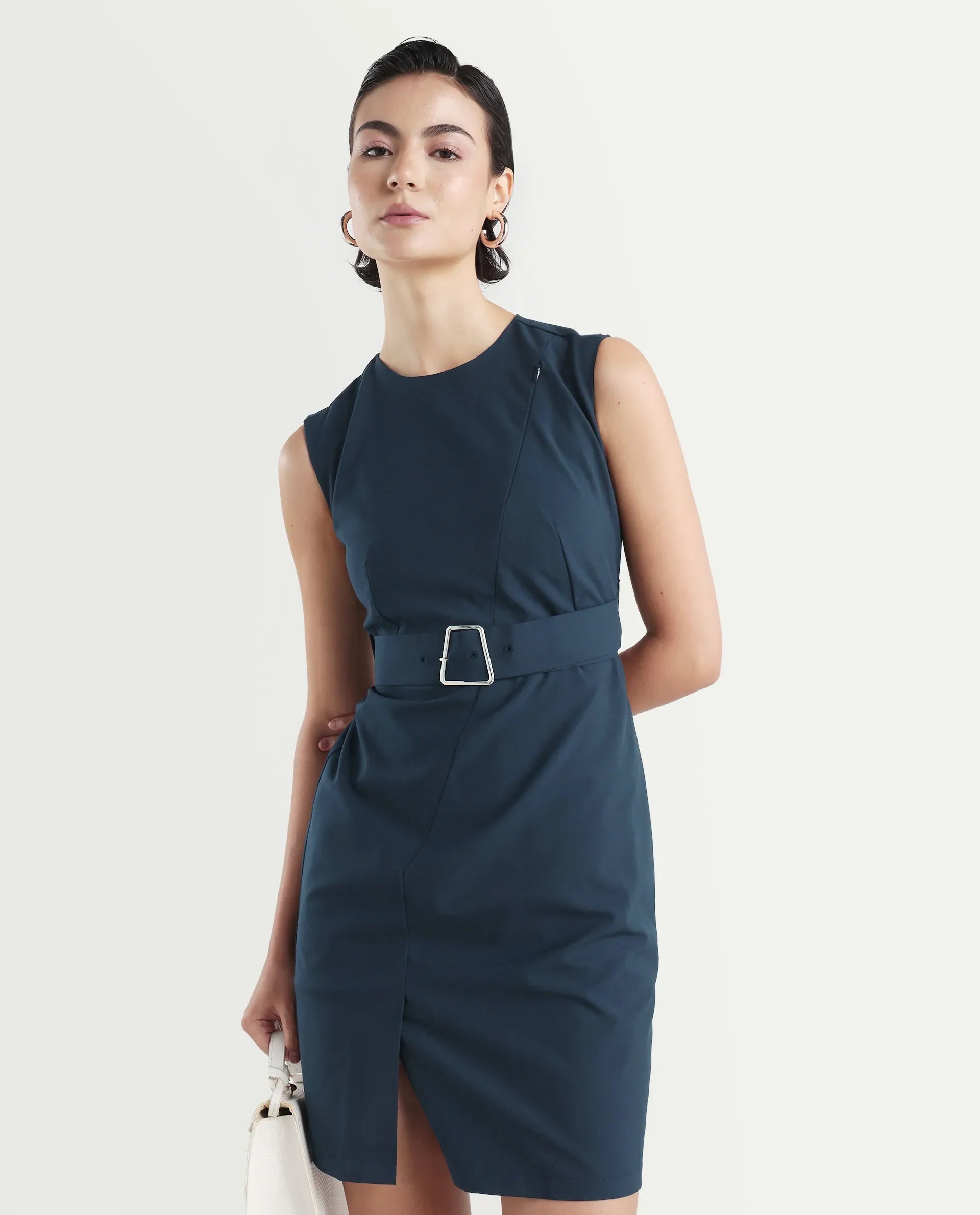 Rareism Women's Jiky Navy Polyester Blend Sleeveless Round Neck Fitted Fit Plain Dress