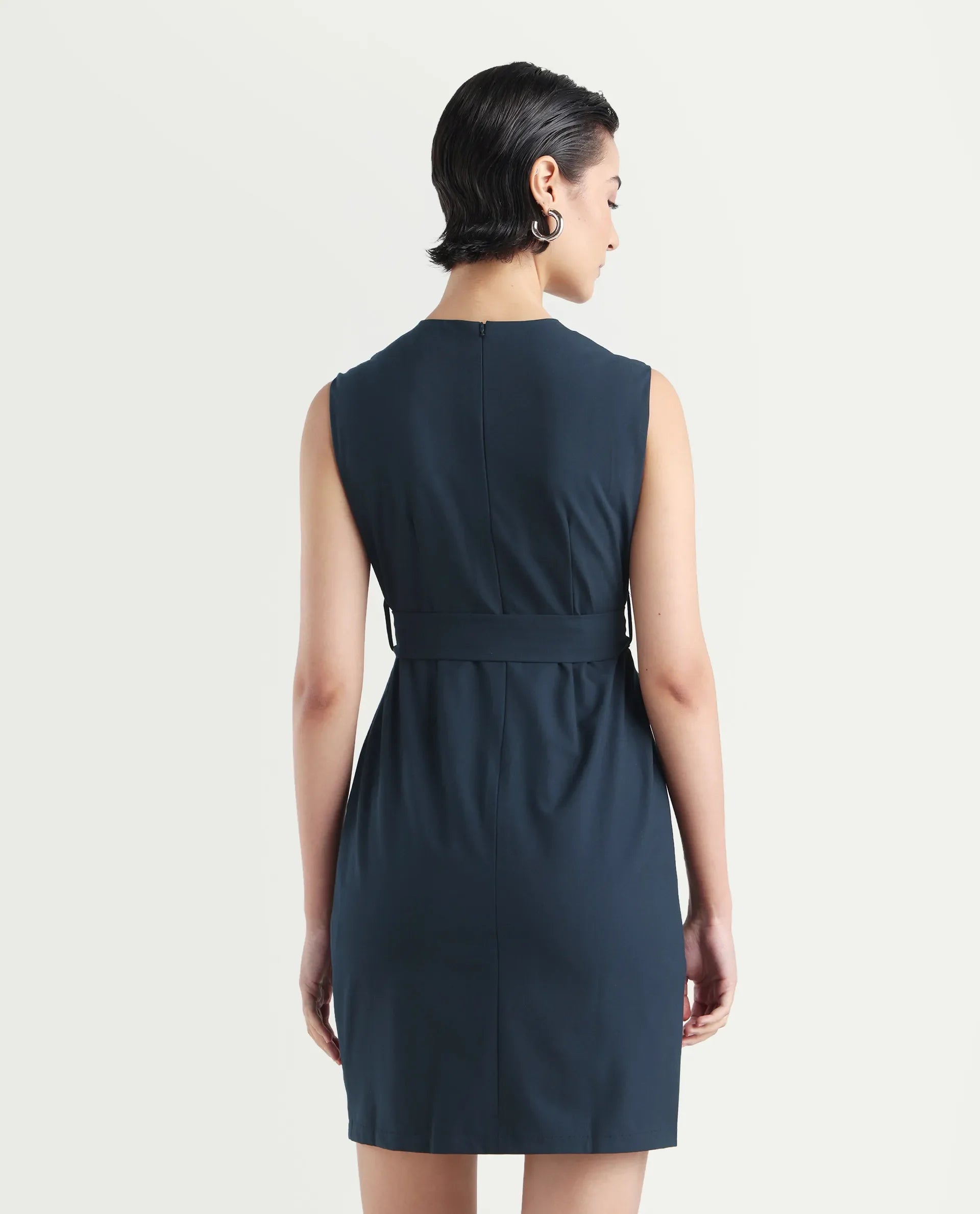 Rareism Women's Jiky Navy Polyester Blend Sleeveless Round Neck Fitted Fit Plain Dress