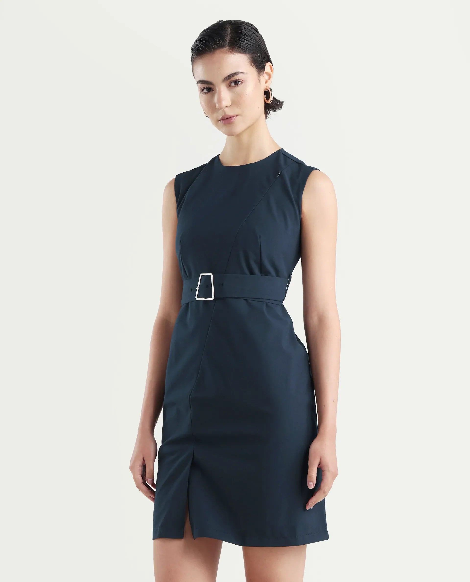 Rareism Women's Jiky Navy Polyester Blend Sleeveless Round Neck Fitted Fit Plain Dress
