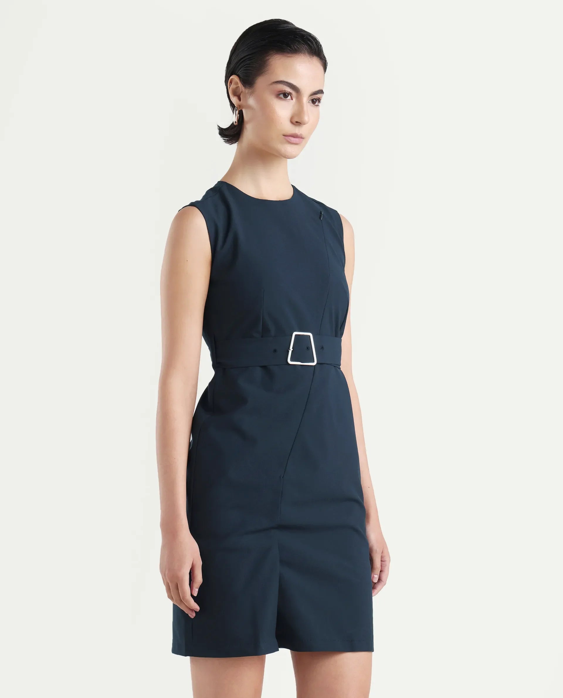 Rareism Women's Jiky Navy Polyester Blend Sleeveless Round Neck Fitted Fit Plain Dress