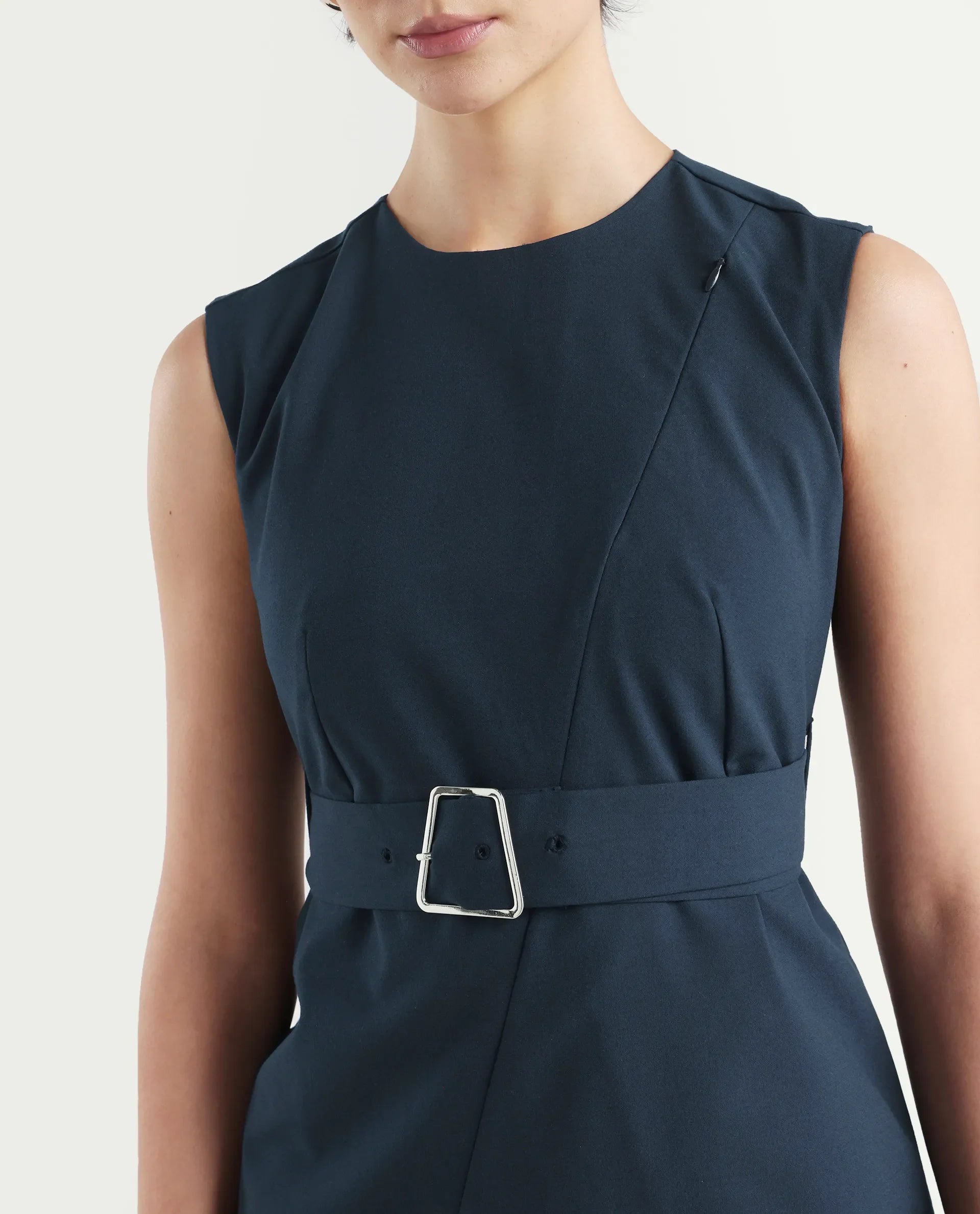 Rareism Women's Jiky Navy Polyester Blend Sleeveless Round Neck Fitted Fit Plain Dress