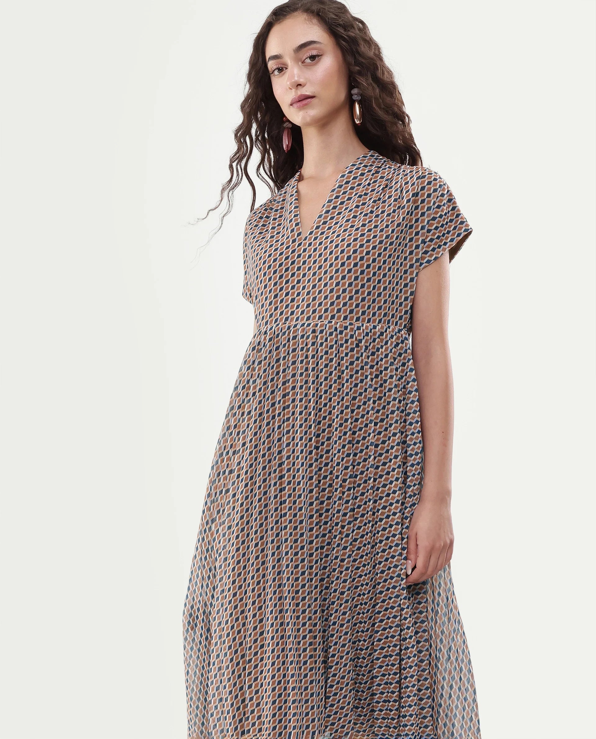 Rareism Women's Jurem Multi Polyester V-Neck Fit And Flare Printed Dress