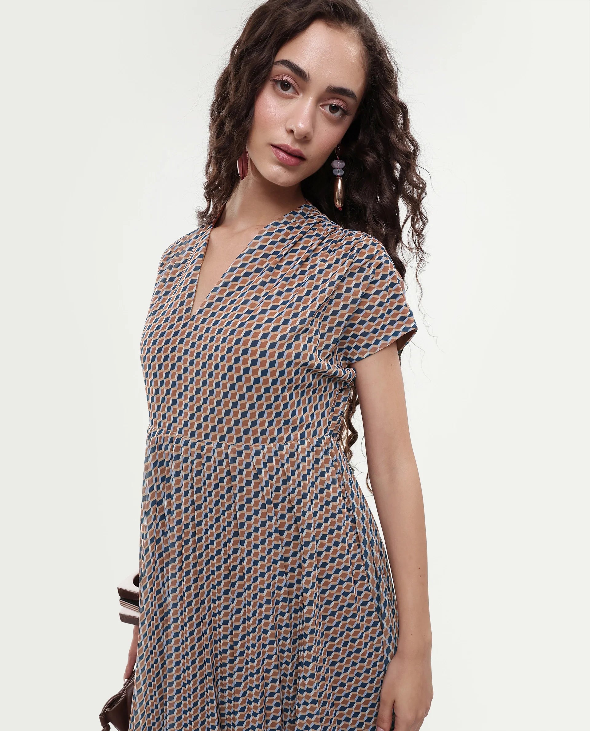 Rareism Women's Jurem Multi Polyester V-Neck Fit And Flare Printed Dress