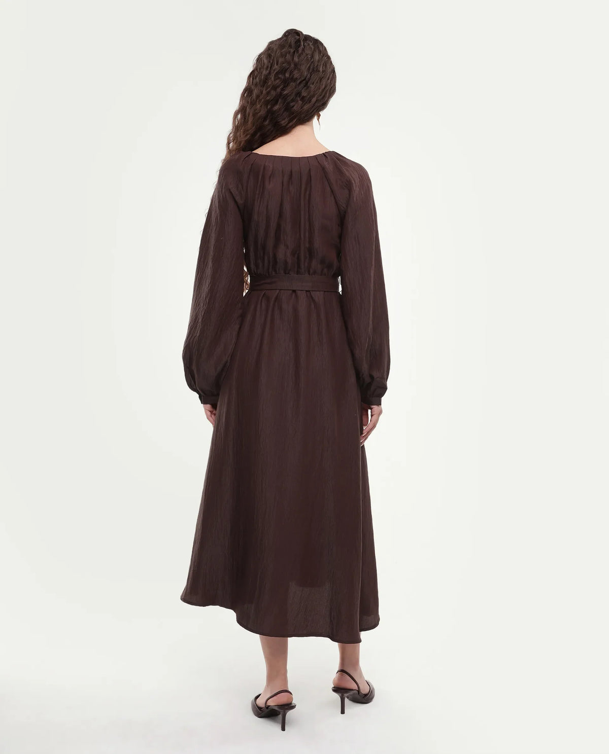 Rareism Women's Jumi Dark Brown Viscose Blend Raglan Sleeves V-Neck Flared Fit Plain Dress