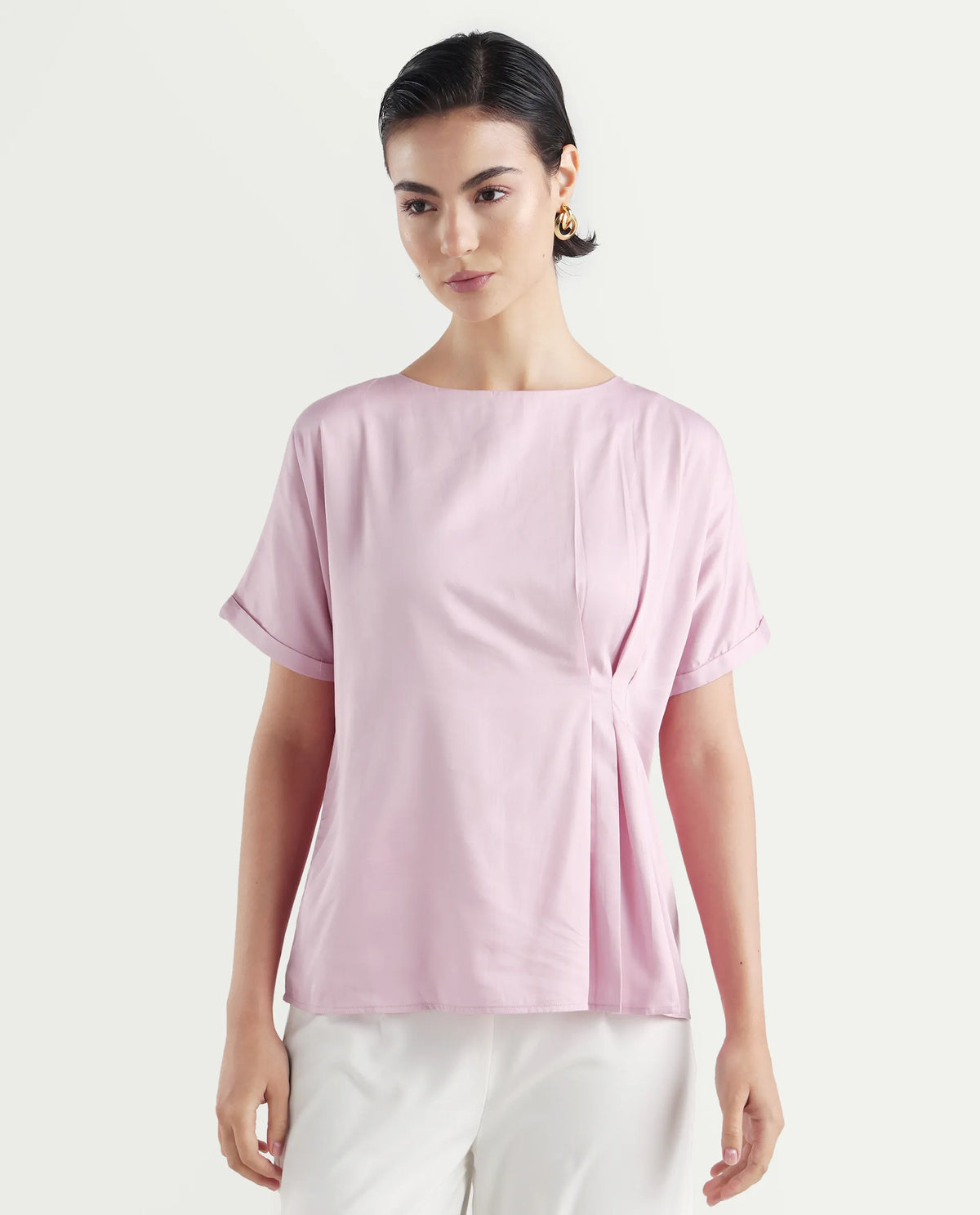Rareism Women's Niyol Dusky Pink Cotton Blend Round Neck Regular Fit Plain Top