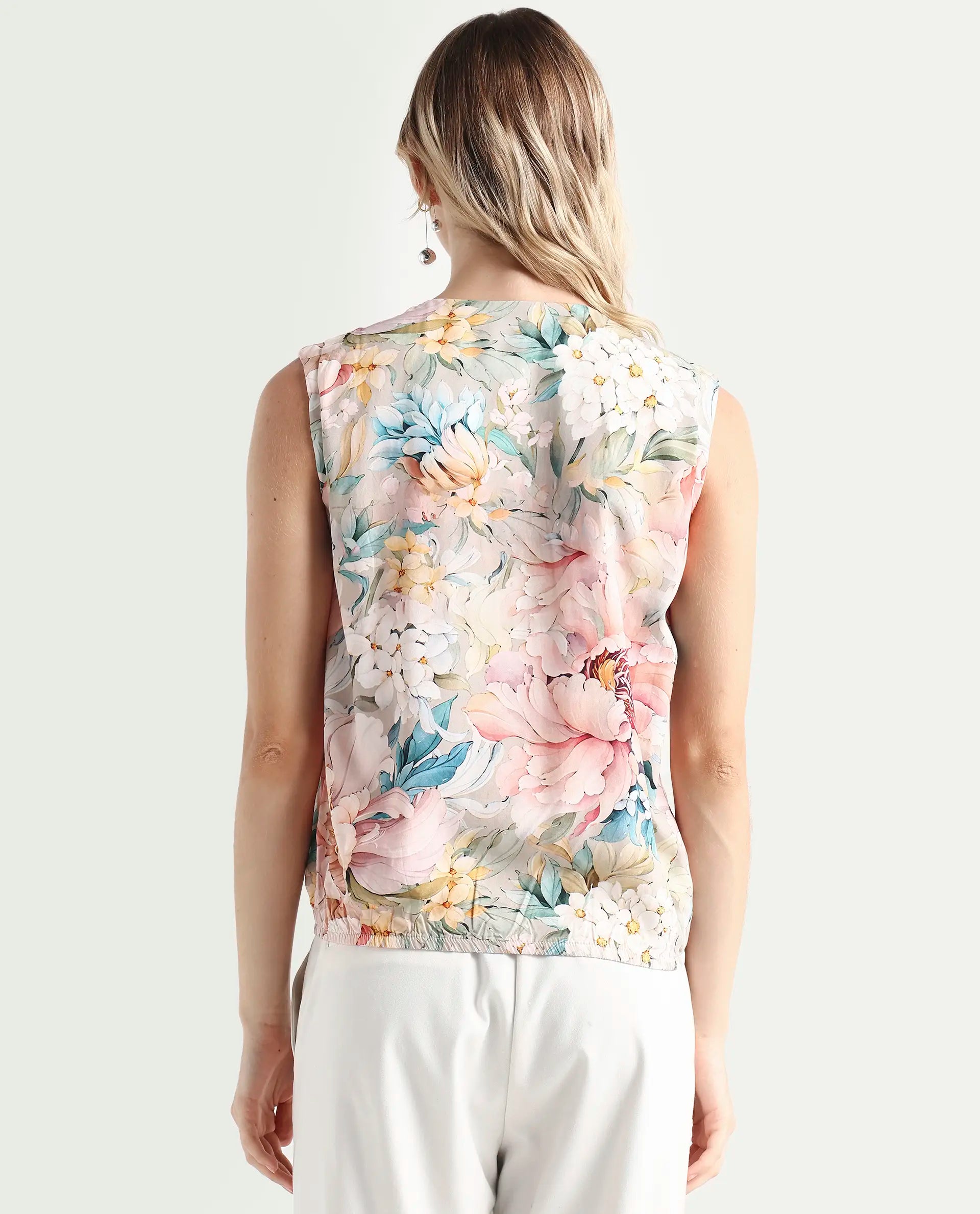 Rareism Women's Nujit Light Multi Viscose Sleeveless Over Lap Neck Regular Fit Top