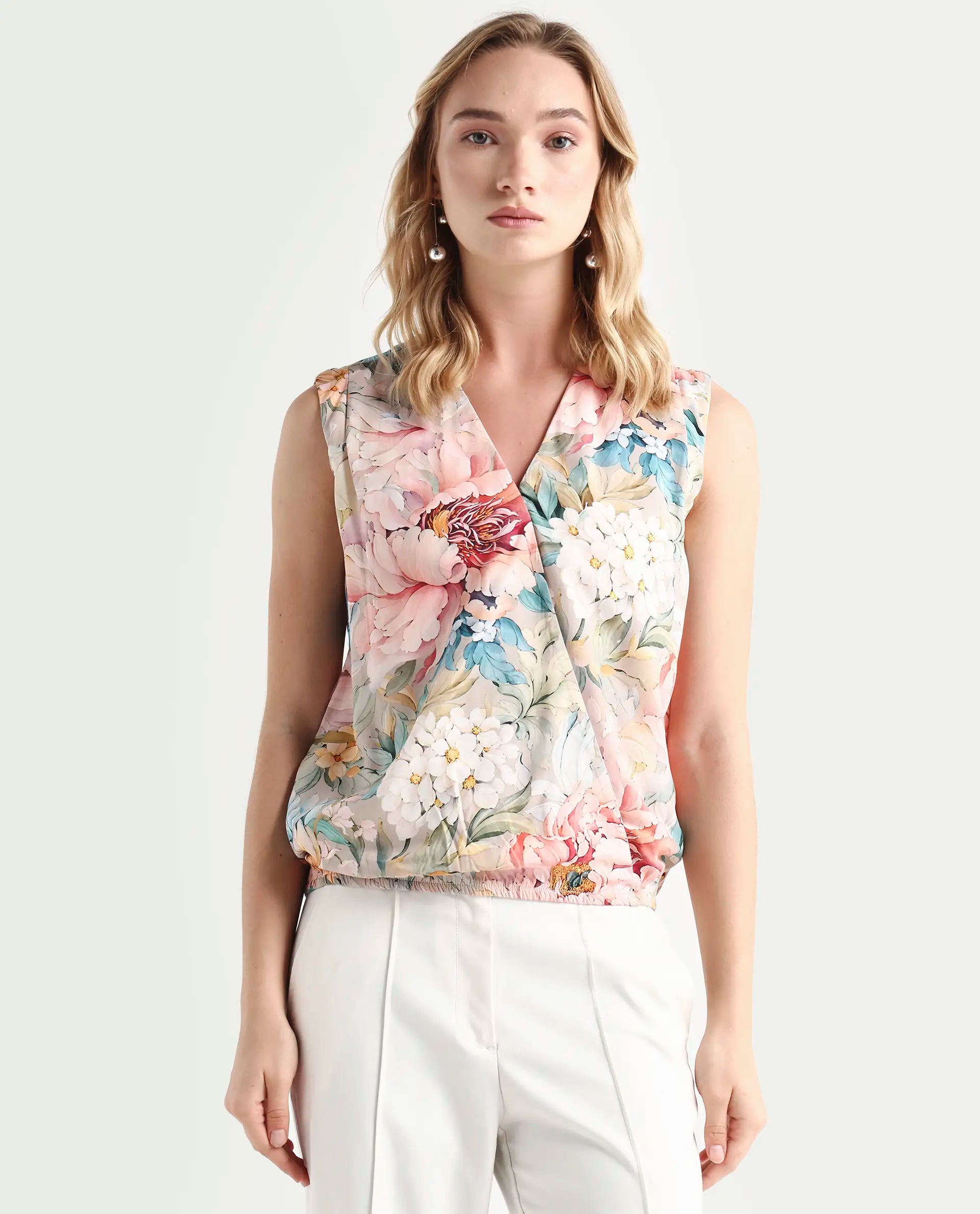 Rareism Women's Nujit Light Multi Viscose Sleeveless Over Lap Neck Regular Fit Top