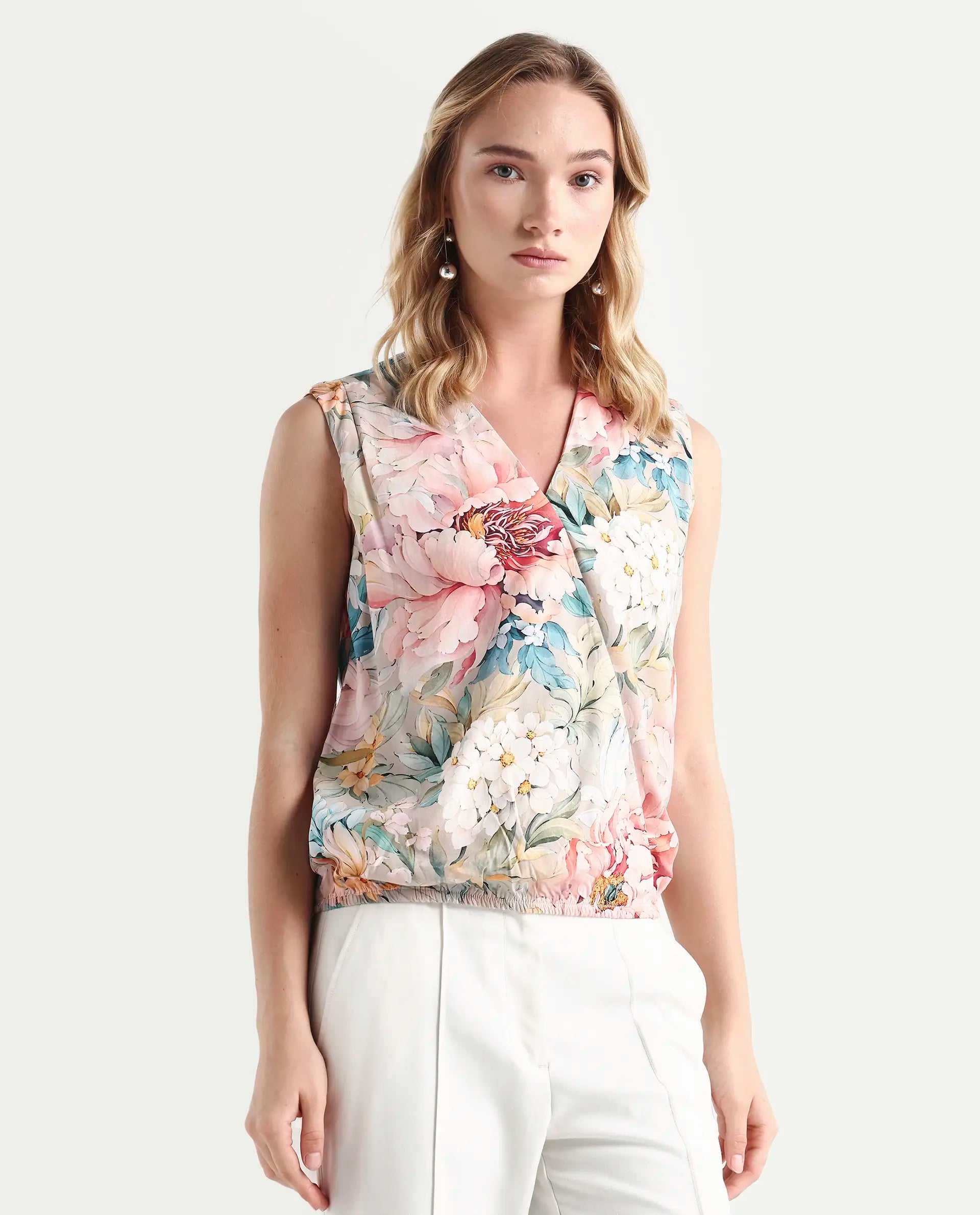 Rareism Women's Nujit Light Multi Viscose Sleeveless Over Lap Neck Regular Fit Top
