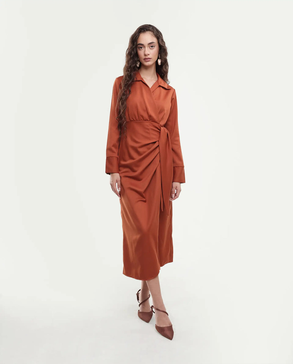 Rareism Women's Jenlin Rust Polyester Blend Full Sleeve Jonny Collar Straight Fit Dress