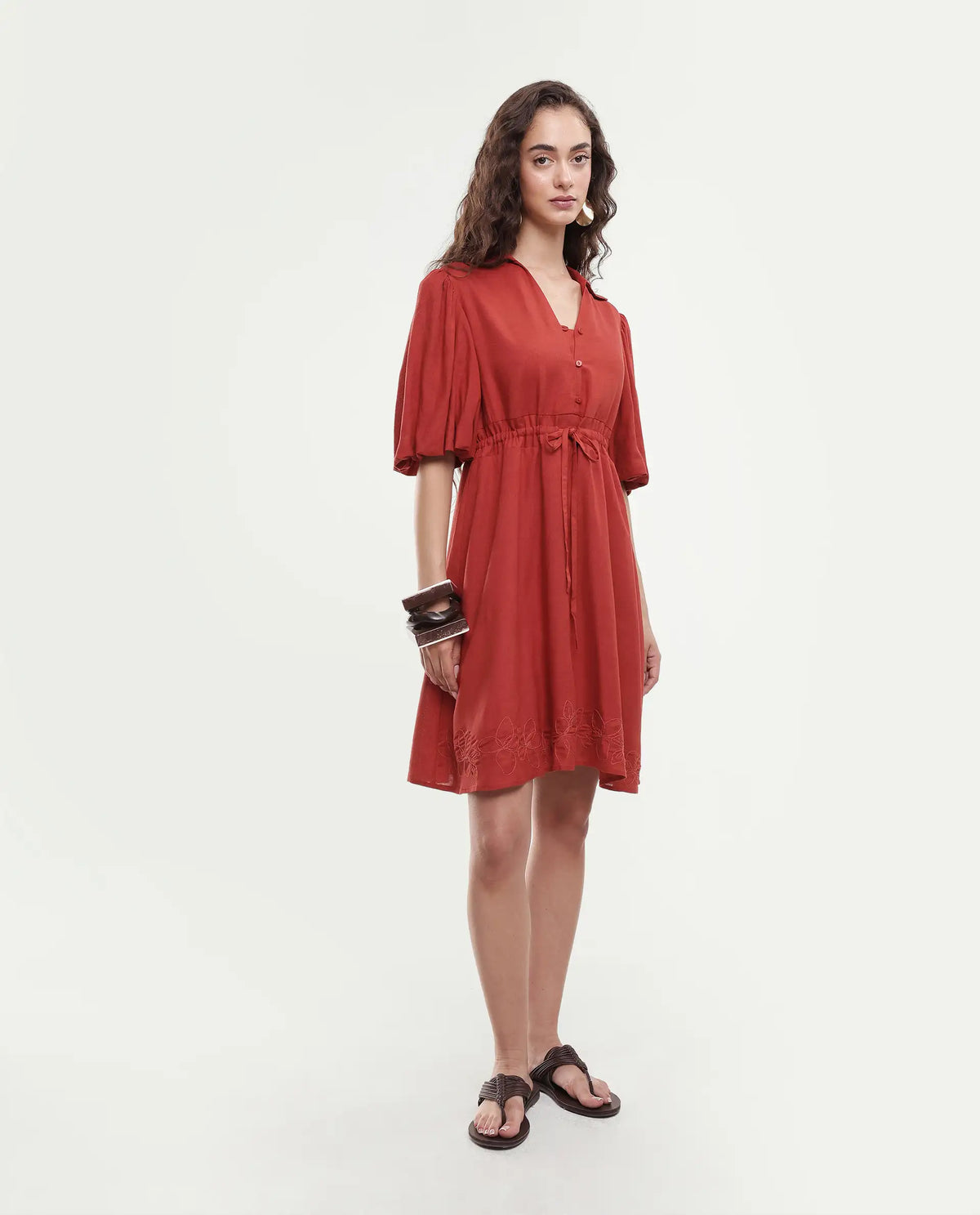 Rareism Women's Juvix Rust Viscose Blend Jonny Collar Fit And Flare Plain Dress