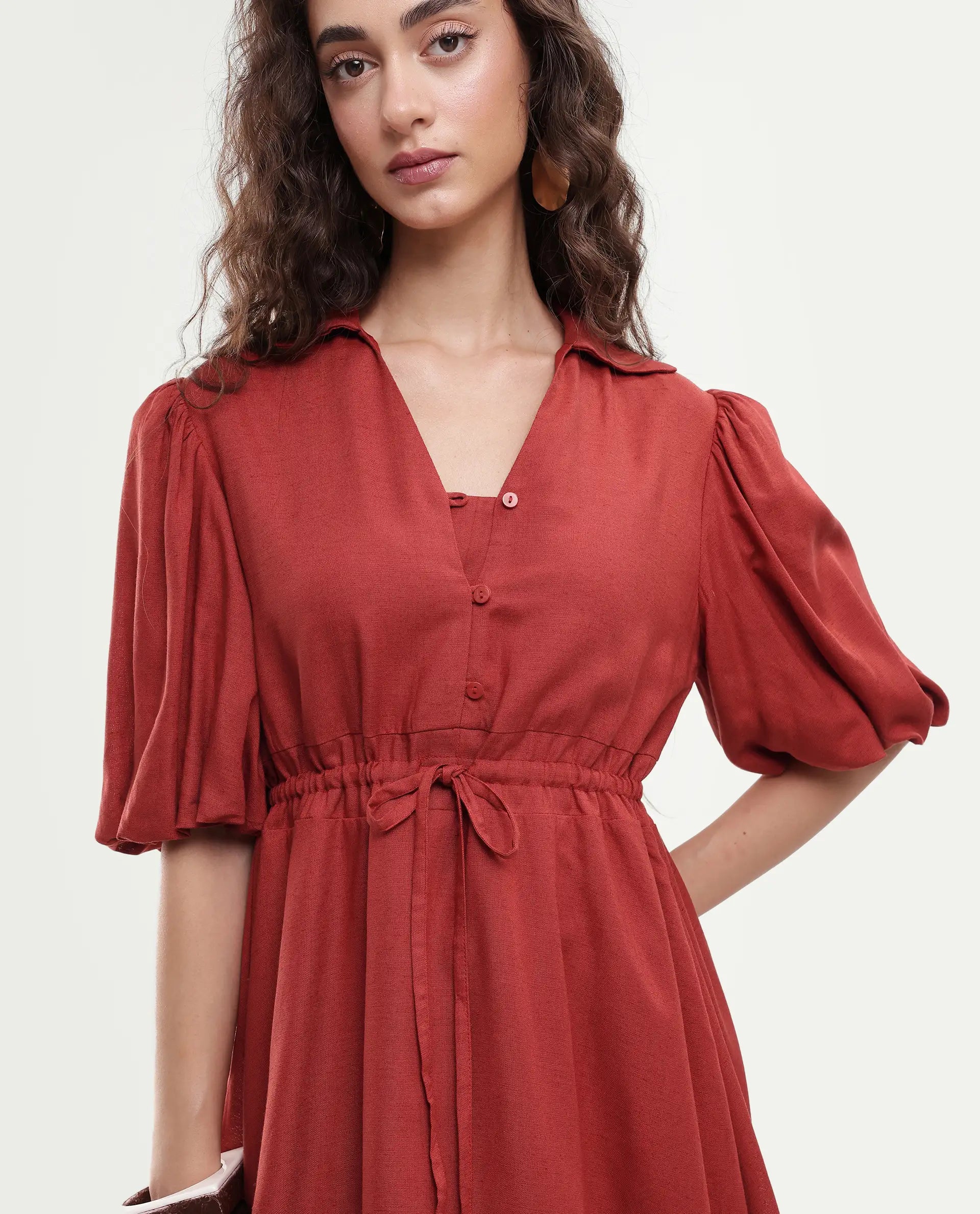 Rareism Women's Juvix Rust Viscose Blend Jonny Collar Fit And Flare Plain Dress