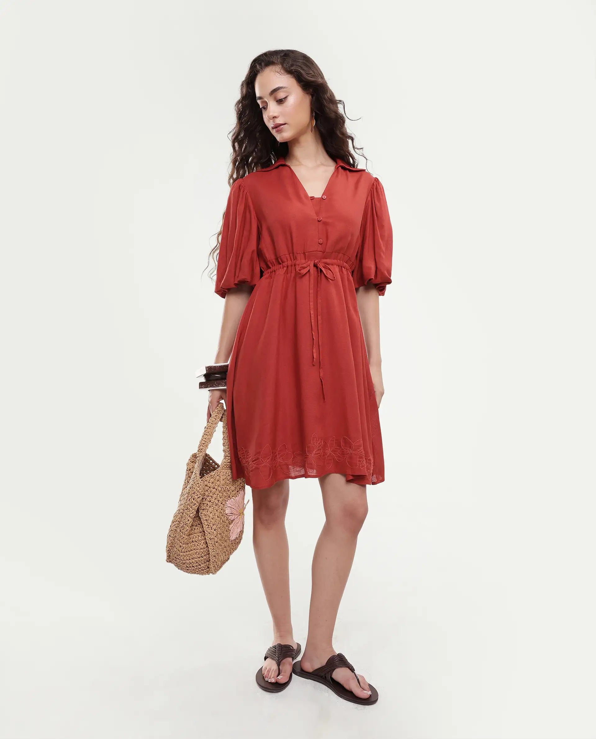 Rareism Women's Juvix Rust Viscose Blend Jonny Collar Fit And Flare Plain Dress