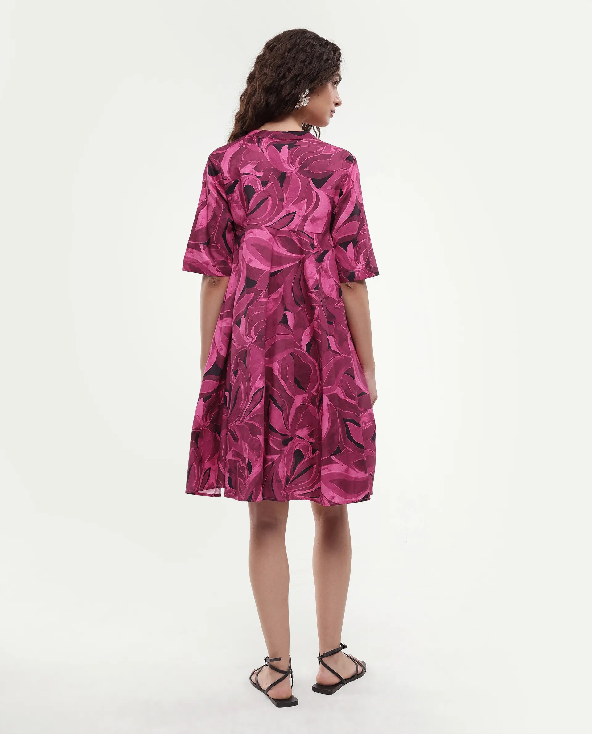 Rareism Women Jenleop Dark Pink Regular Sleeves Mandarin Collar Flared Mini Printed Dress