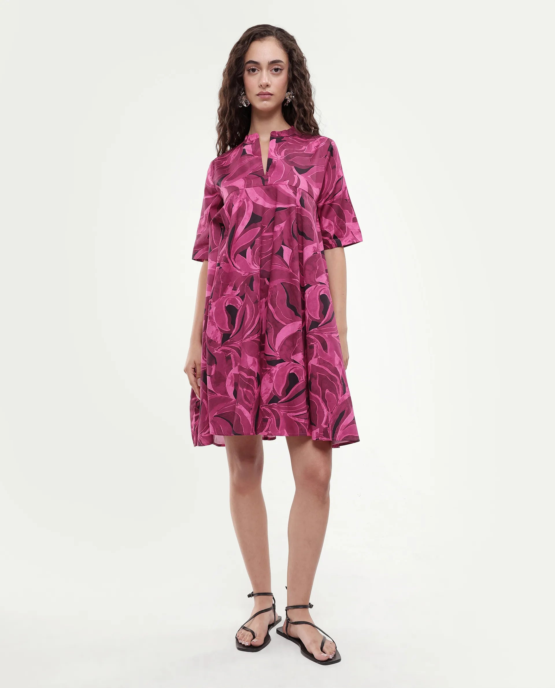 Rareism Women Jenleop Dark Pink Regular Sleeves Mandarin Collar Flared Mini Printed Dress