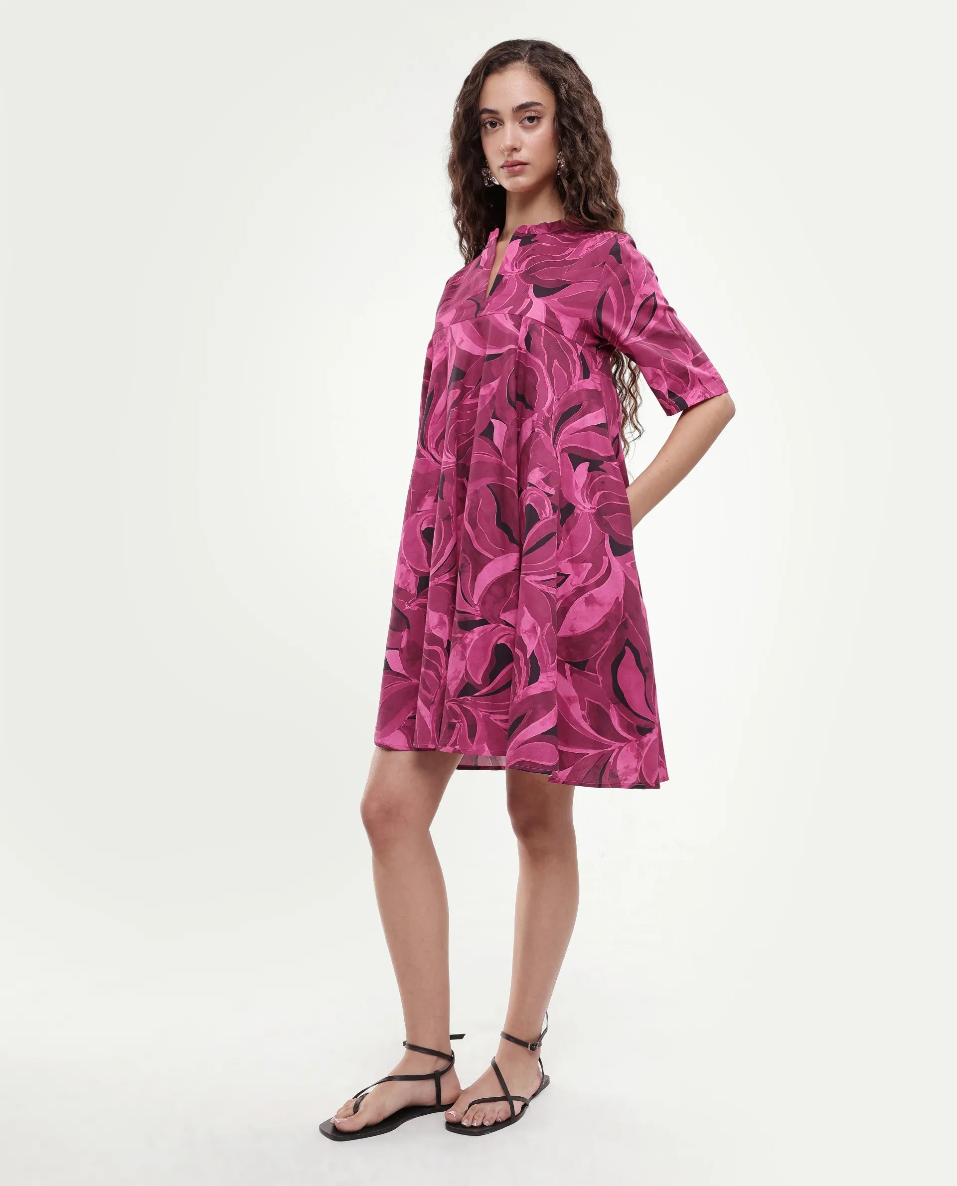 Rareism Women Jenleop Dark Pink Regular Sleeves Mandarin Collar Flared Mini Printed Dress
