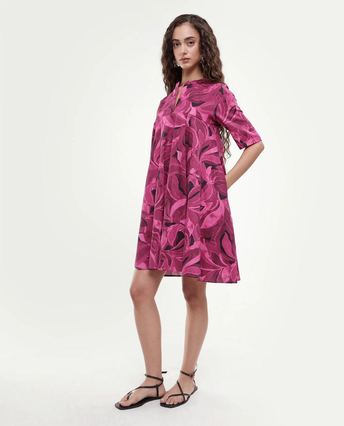 Rareism Women Jenleop Dark Pink Regular Sleeves Mandarin Collar Flared Mini Printed Dress