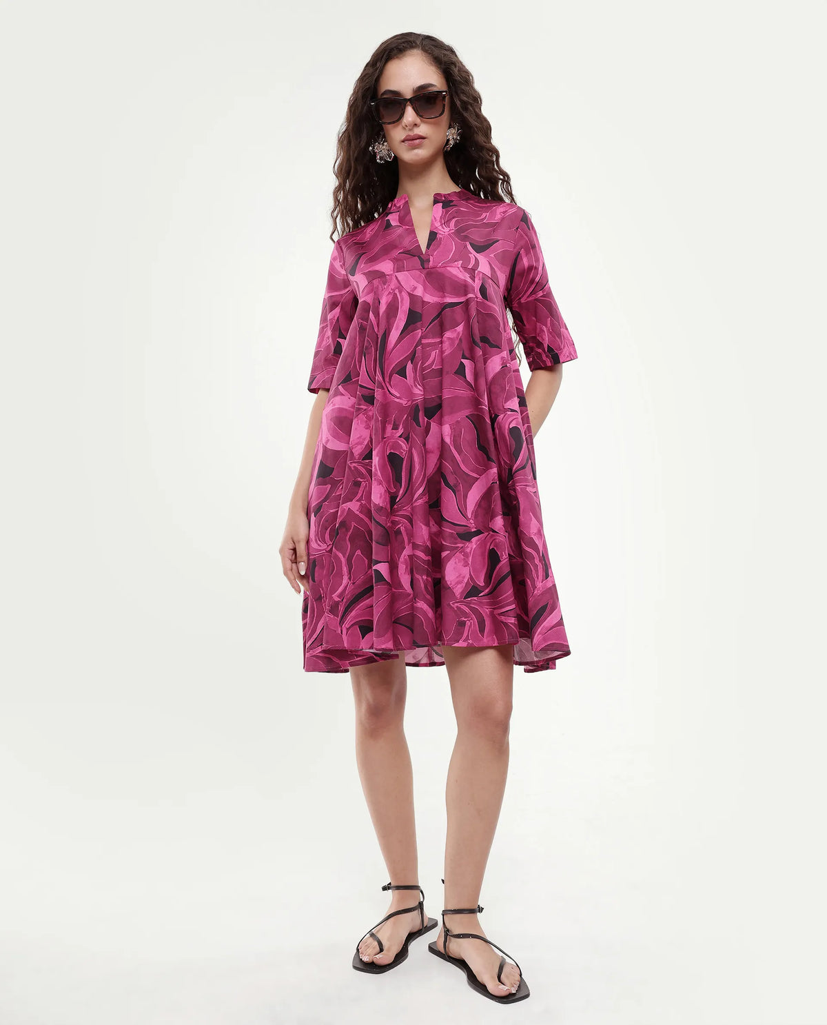 Rareism Women Jenleop Dark Pink Regular Sleeves Mandarin Collar Flared Mini Printed Dress