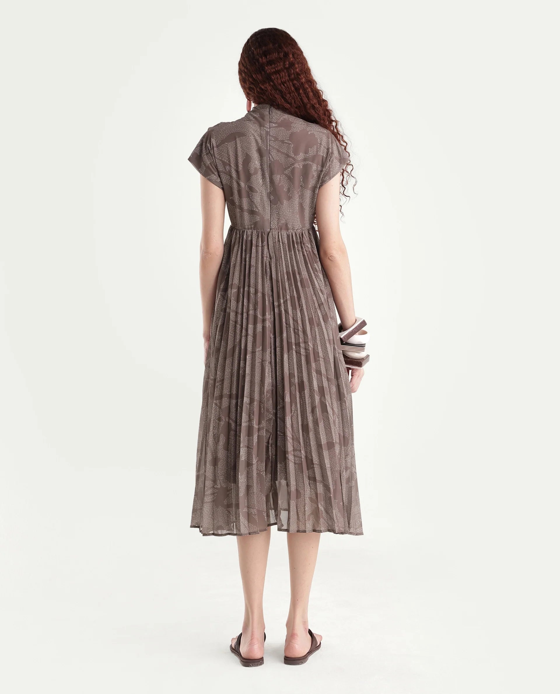 Rareism Women's Juremi Light Brown Cotton V-Neck Fit And Flare Printed Dress