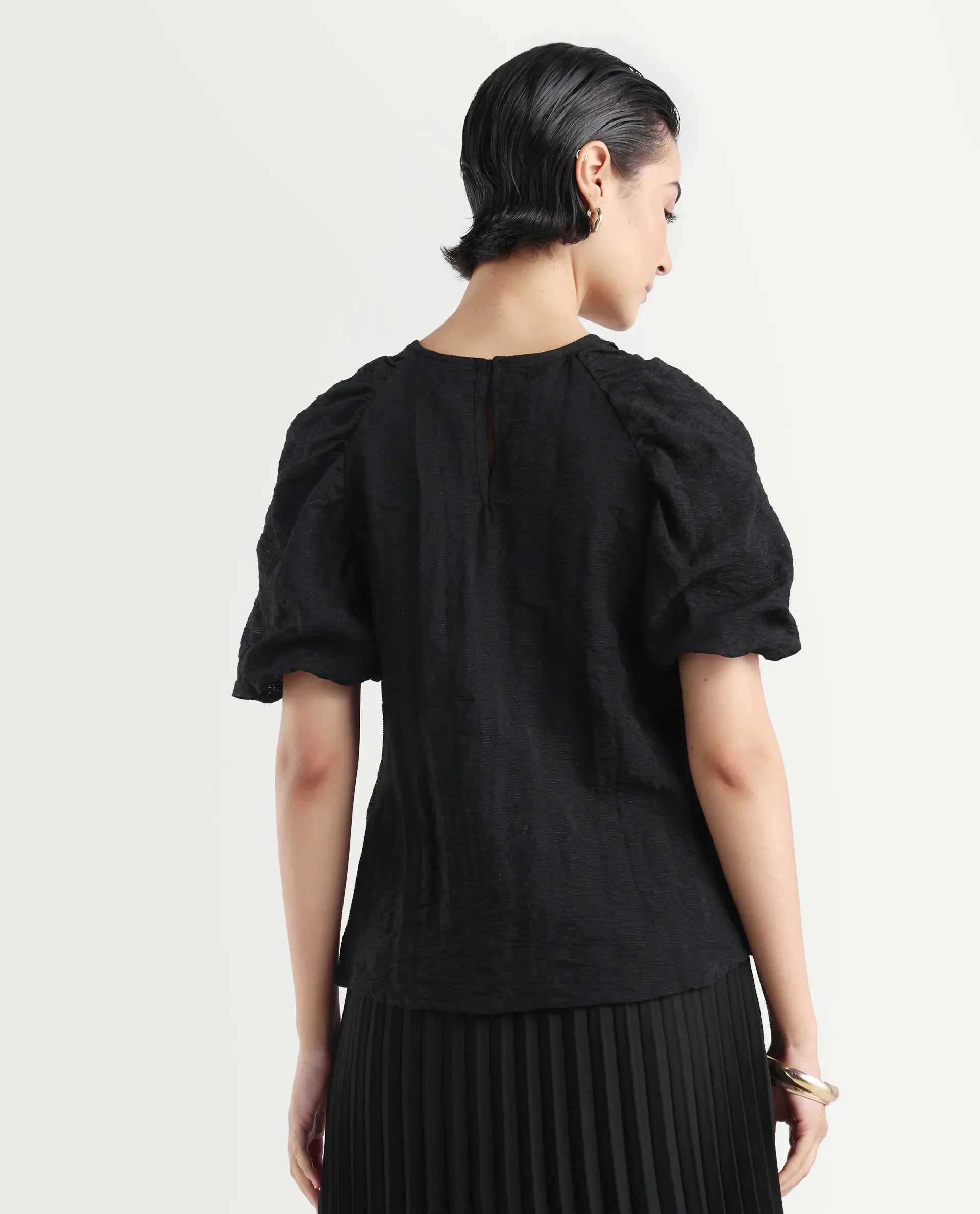 Rareism Women's Nuten Black Nylon Blend Balloon Sleeve Crew Neck Regular Fit Plain Top