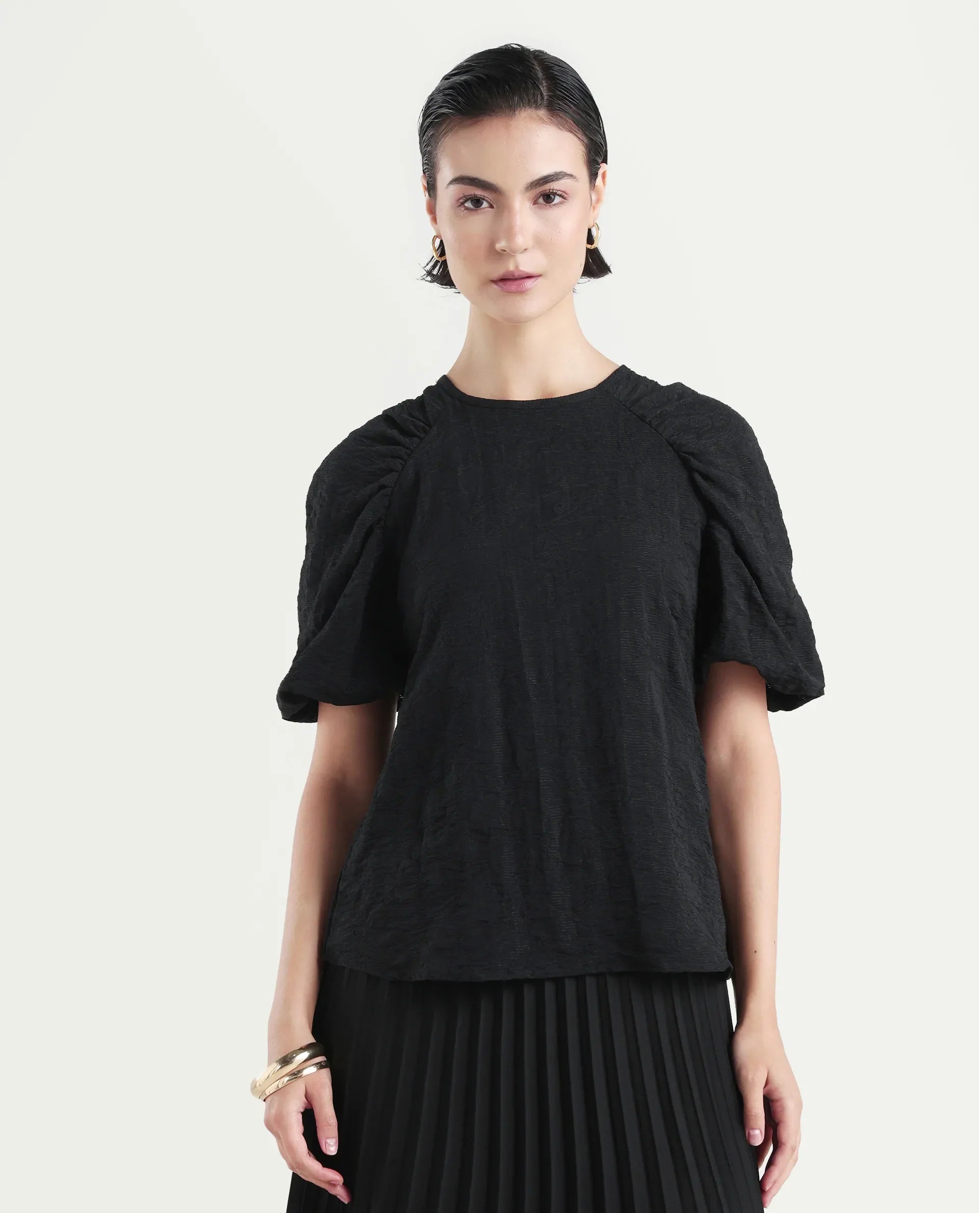 Rareism Women's Nuten Black Nylon Blend Balloon Sleeve Crew Neck Regular Fit Plain Top