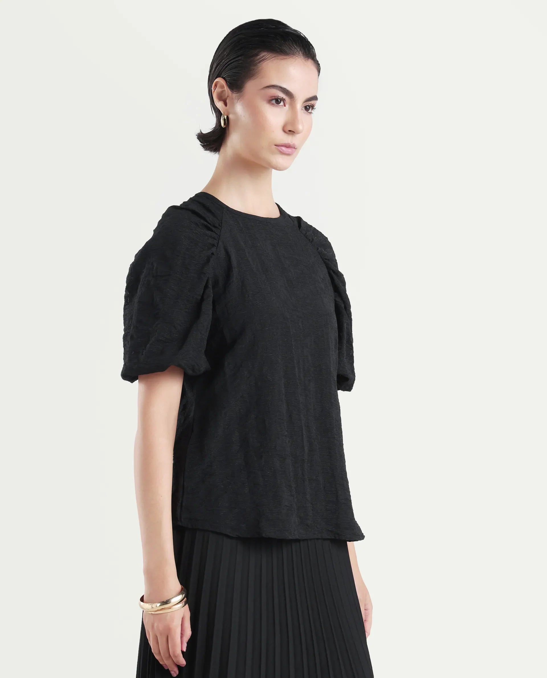 Rareism Women's Nuten Black Nylon Blend Balloon Sleeve Crew Neck Regular Fit Plain Top