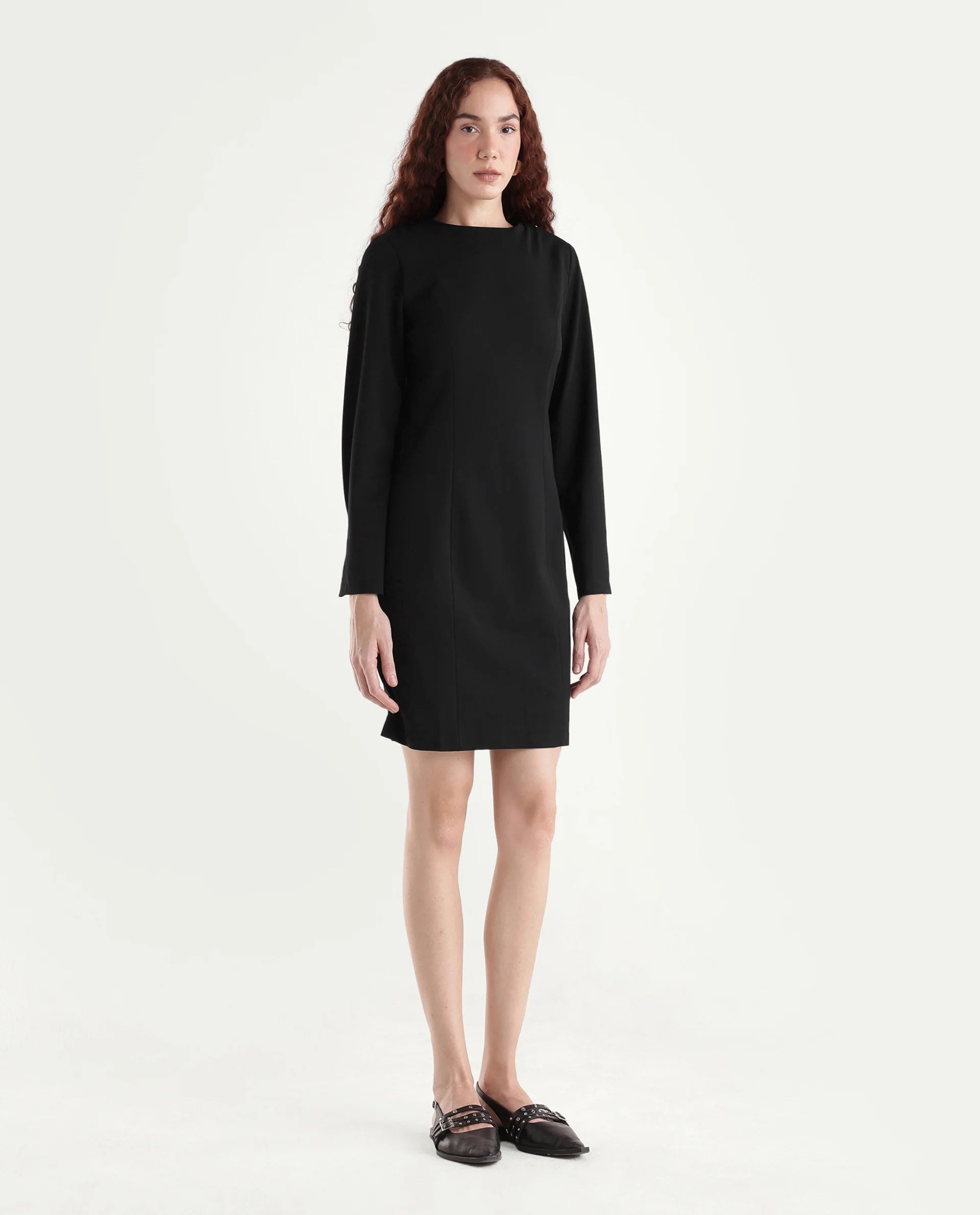 Rareism Women Juna Black Polyester Blend Solid Fitted Dress