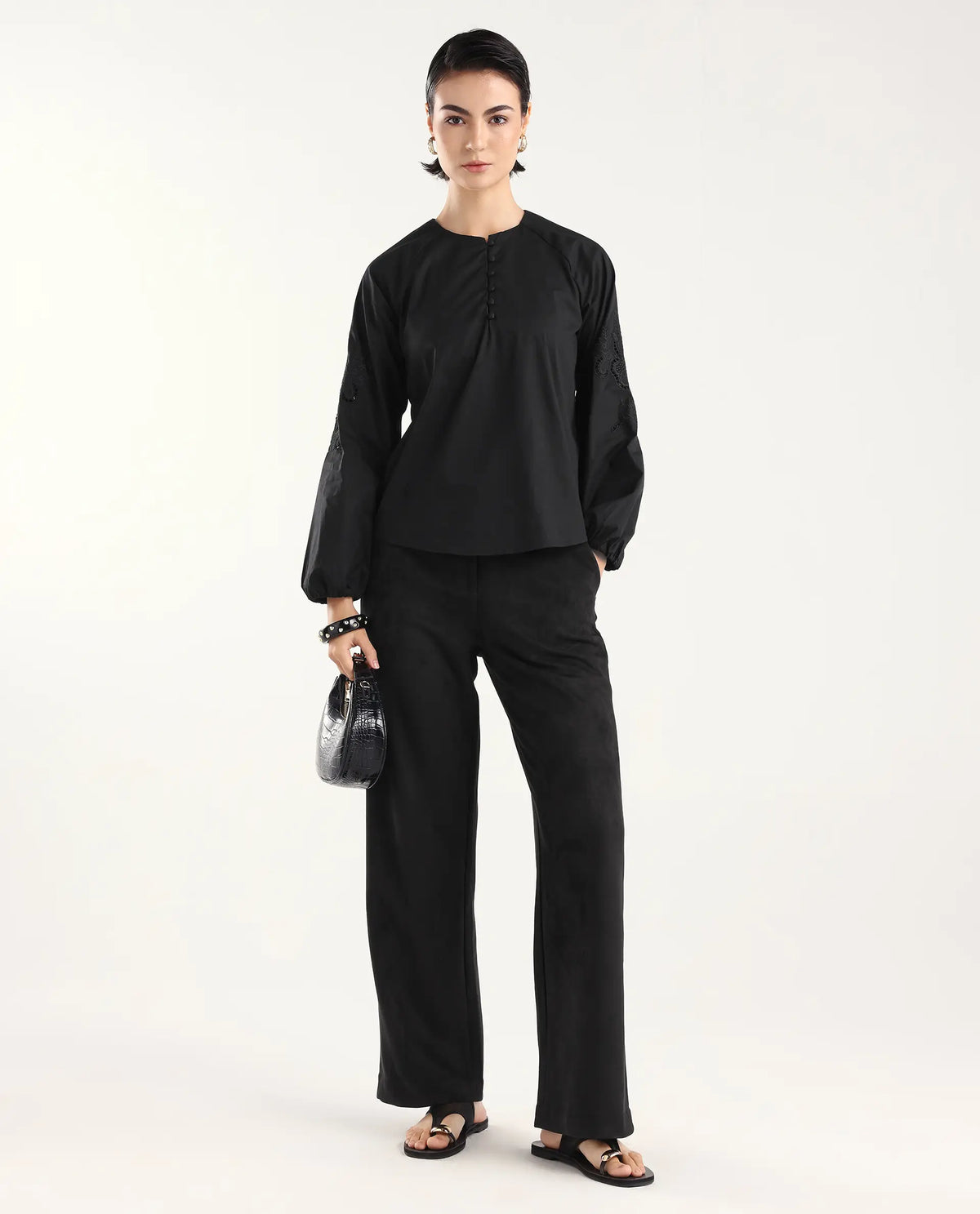Rareism Women's Nembon Black Cotton Full Sleeve Regular Fit Plain Top