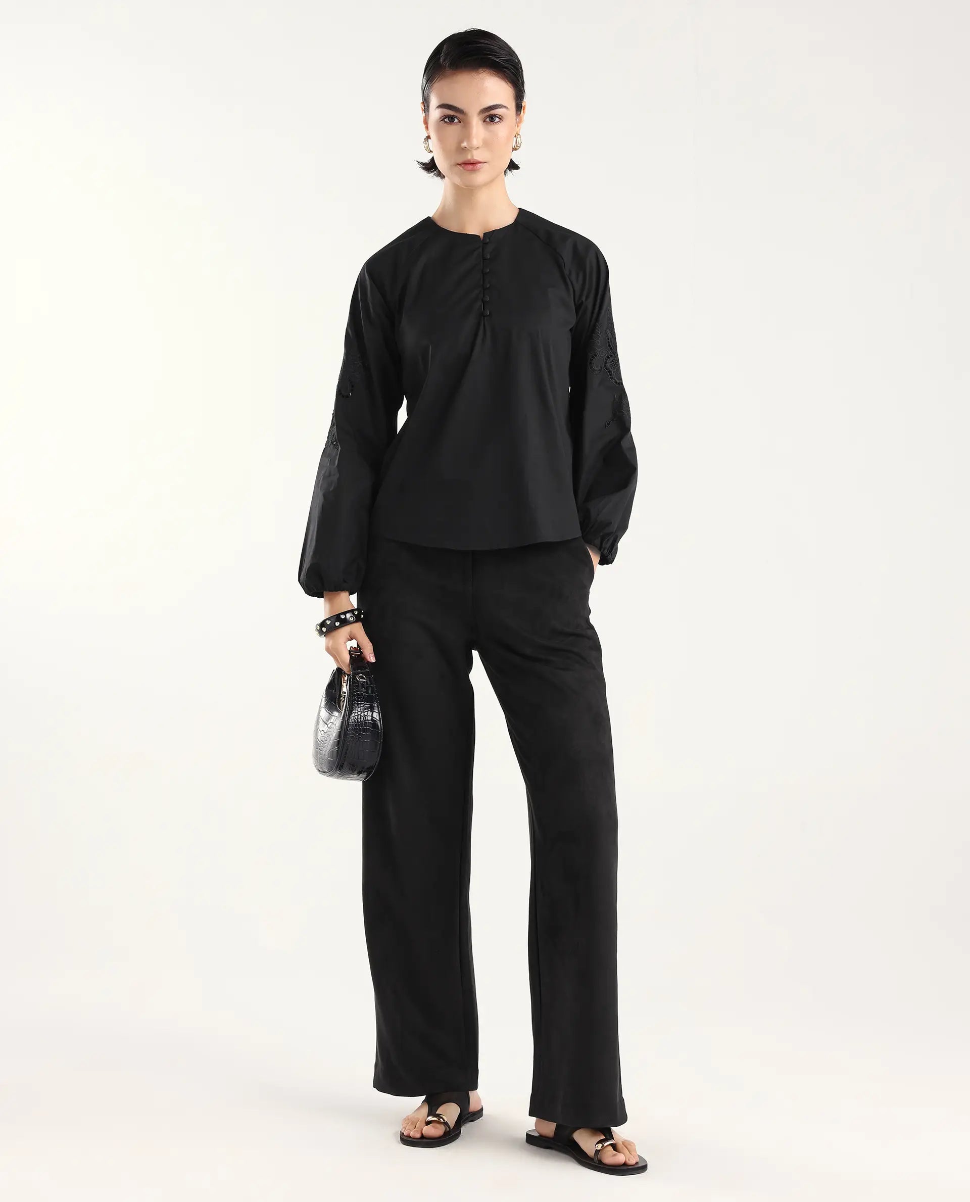 Rareism Women's Nembon Black Cotton Full Sleeve Regular Fit Plain Top