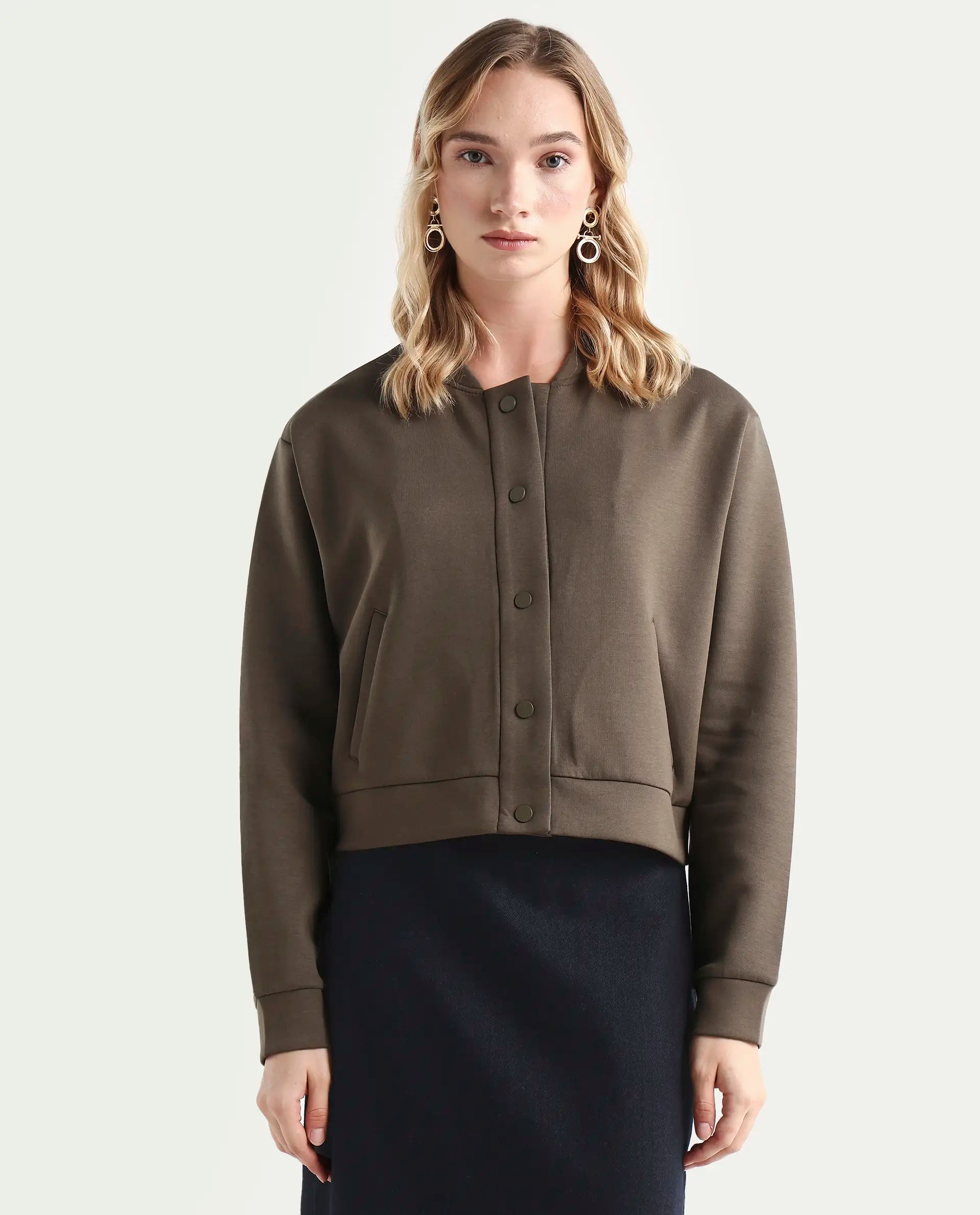 Rareism Women's Nitt Olive Cotton Blend Stand Collar Regular Fit Jacket