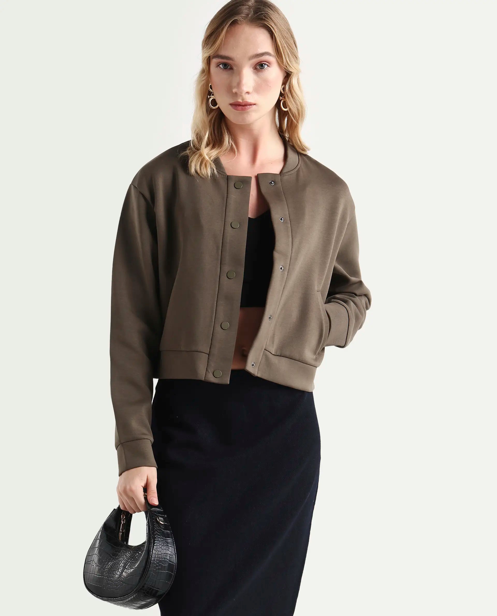 Rareism Women's Nitt Olive Cotton Blend Stand Collar Regular Fit Jacket