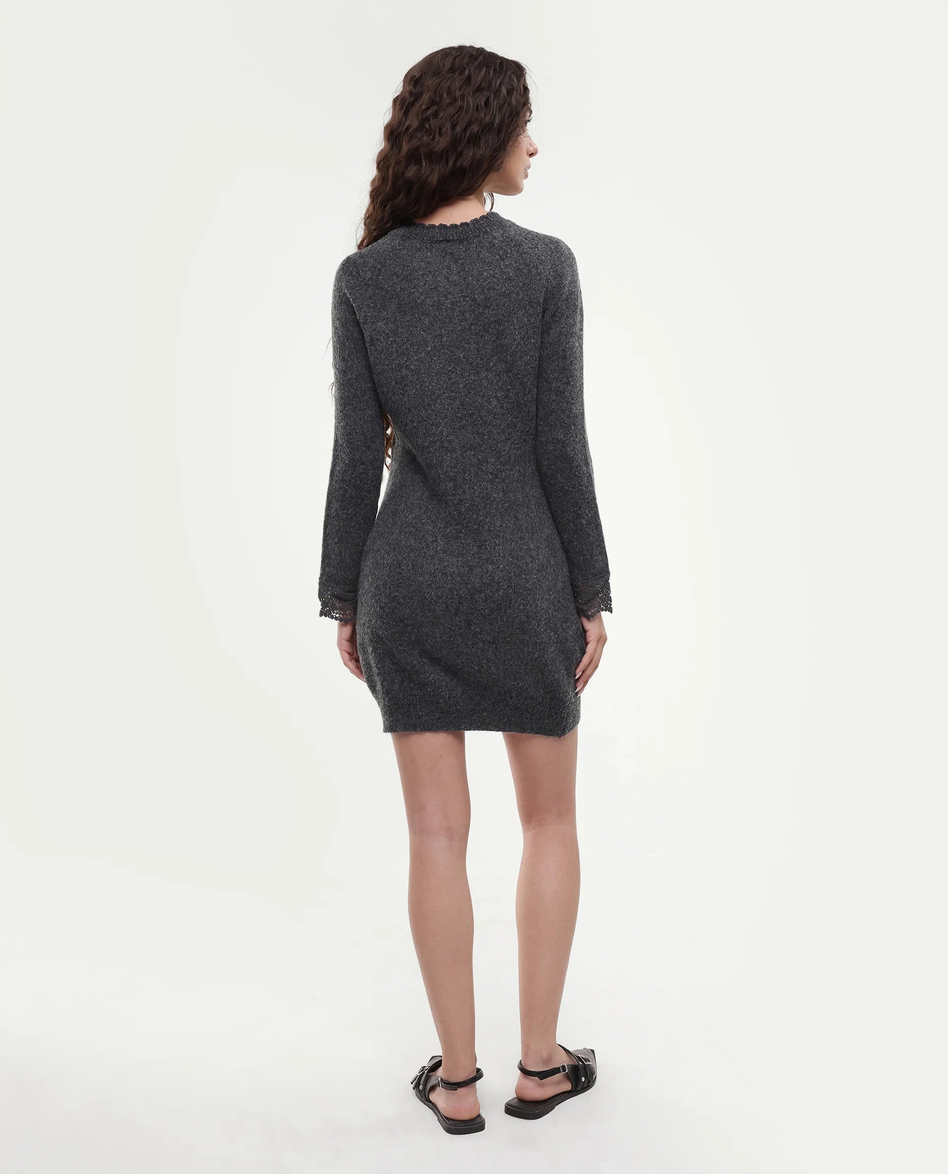 Rareism Women's Zisto Black Acrylic Blend Crew Neck Regular Fit Plain Dress