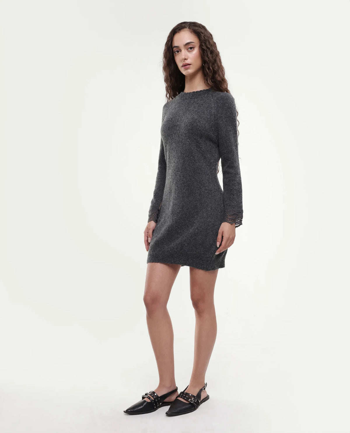 Rareism Women's Zisto Black Acrylic Blend Crew Neck Regular Fit Plain Dress