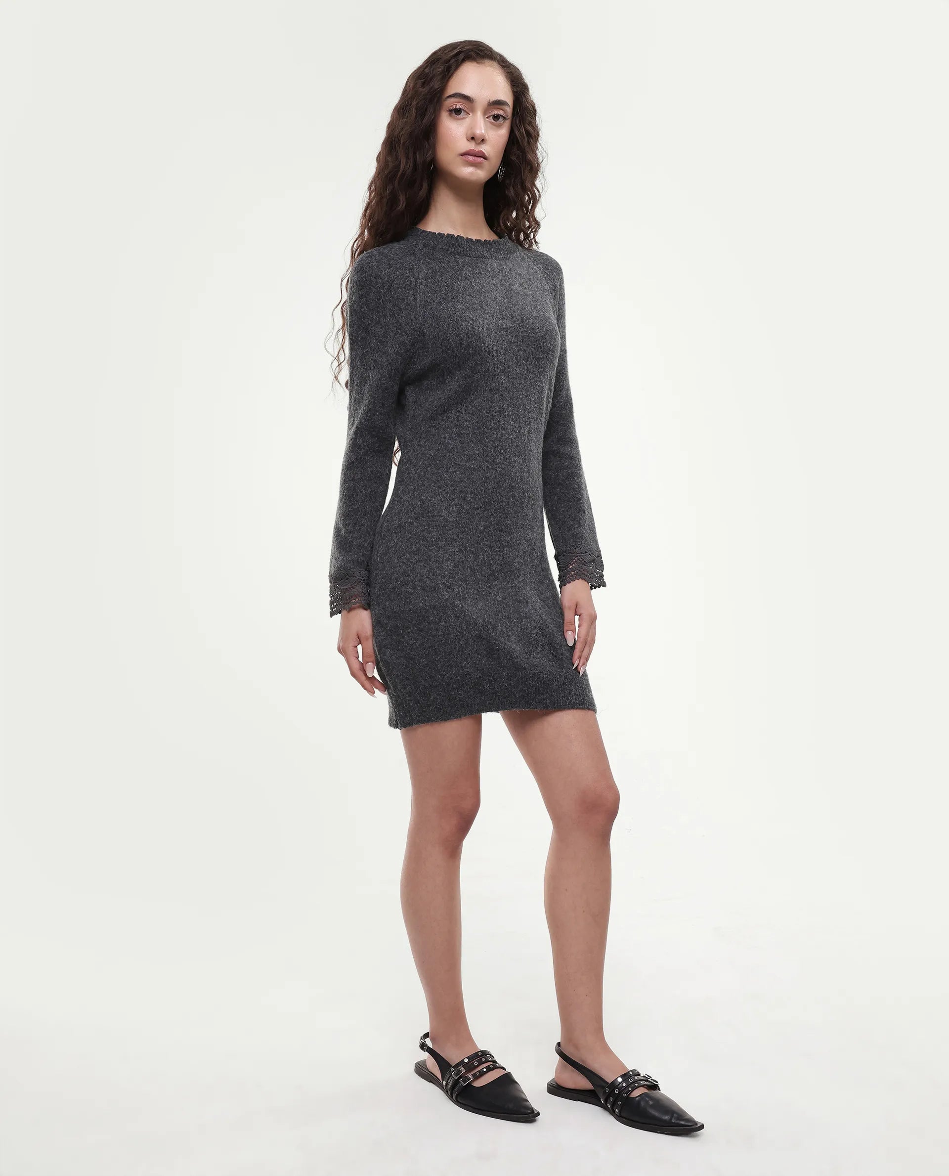 Rareism Women's Zisto Black Acrylic Blend Crew Neck Regular Fit Plain Dress