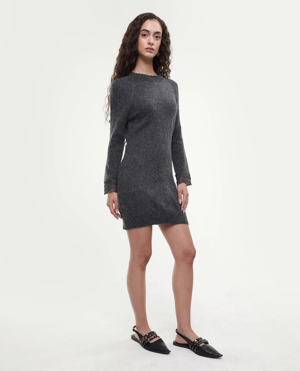 Rareism Women's Zisto Black Acrylic Blend Crew Neck Regular Fit Plain Dress
