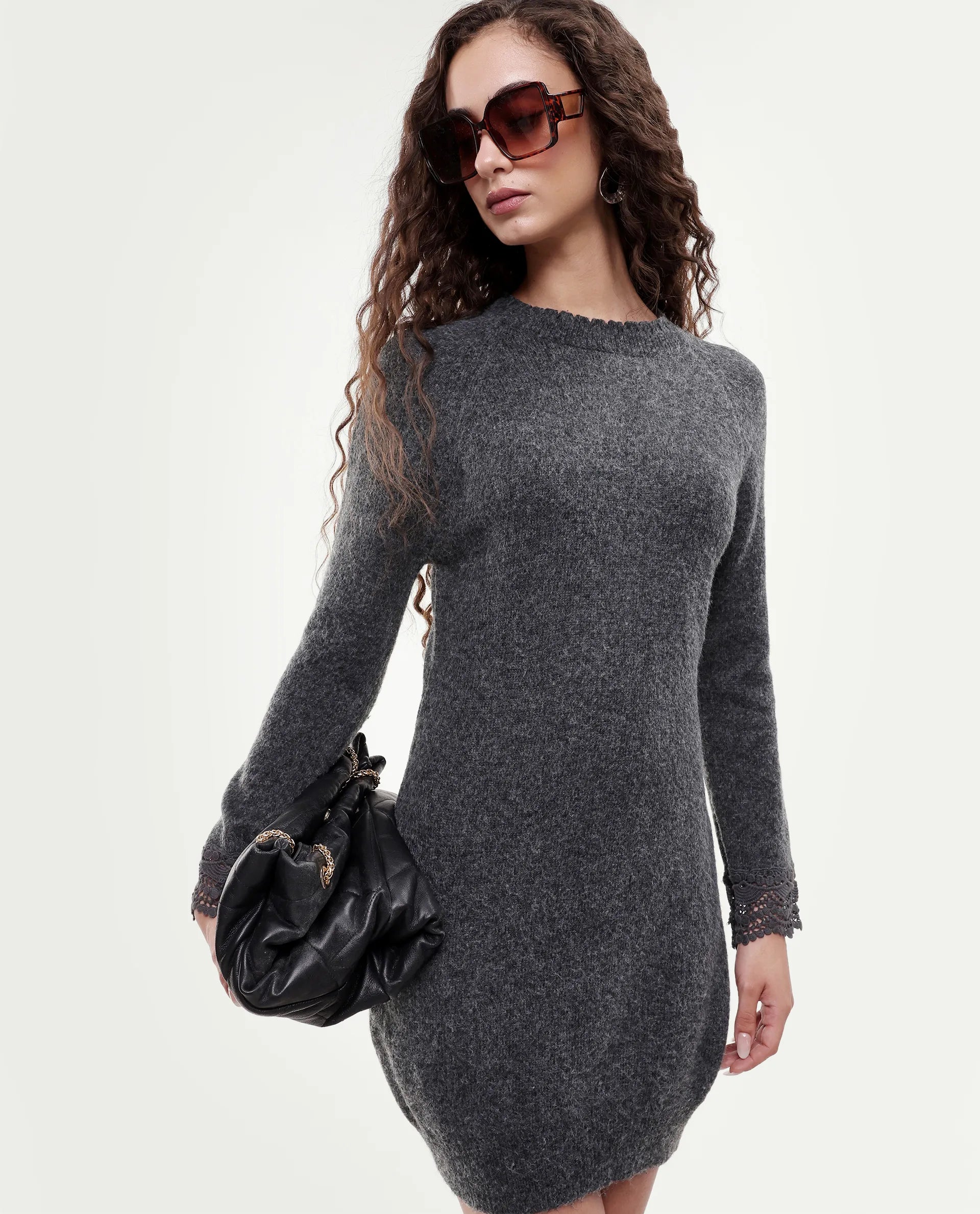Rareism Women's Zisto Black Acrylic Blend Crew Neck Regular Fit Plain Dress