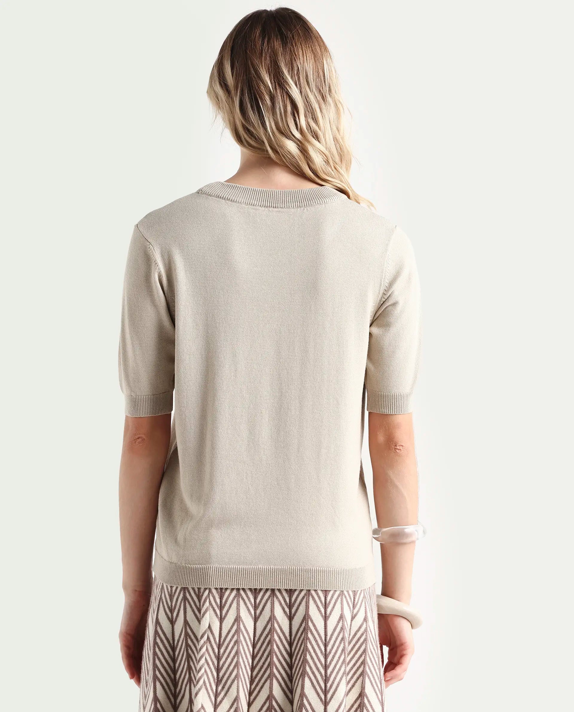 Rareism Women's Rohrdo Light Beige Viscose Blend Crew Neck Regular Fit Plain Sweater