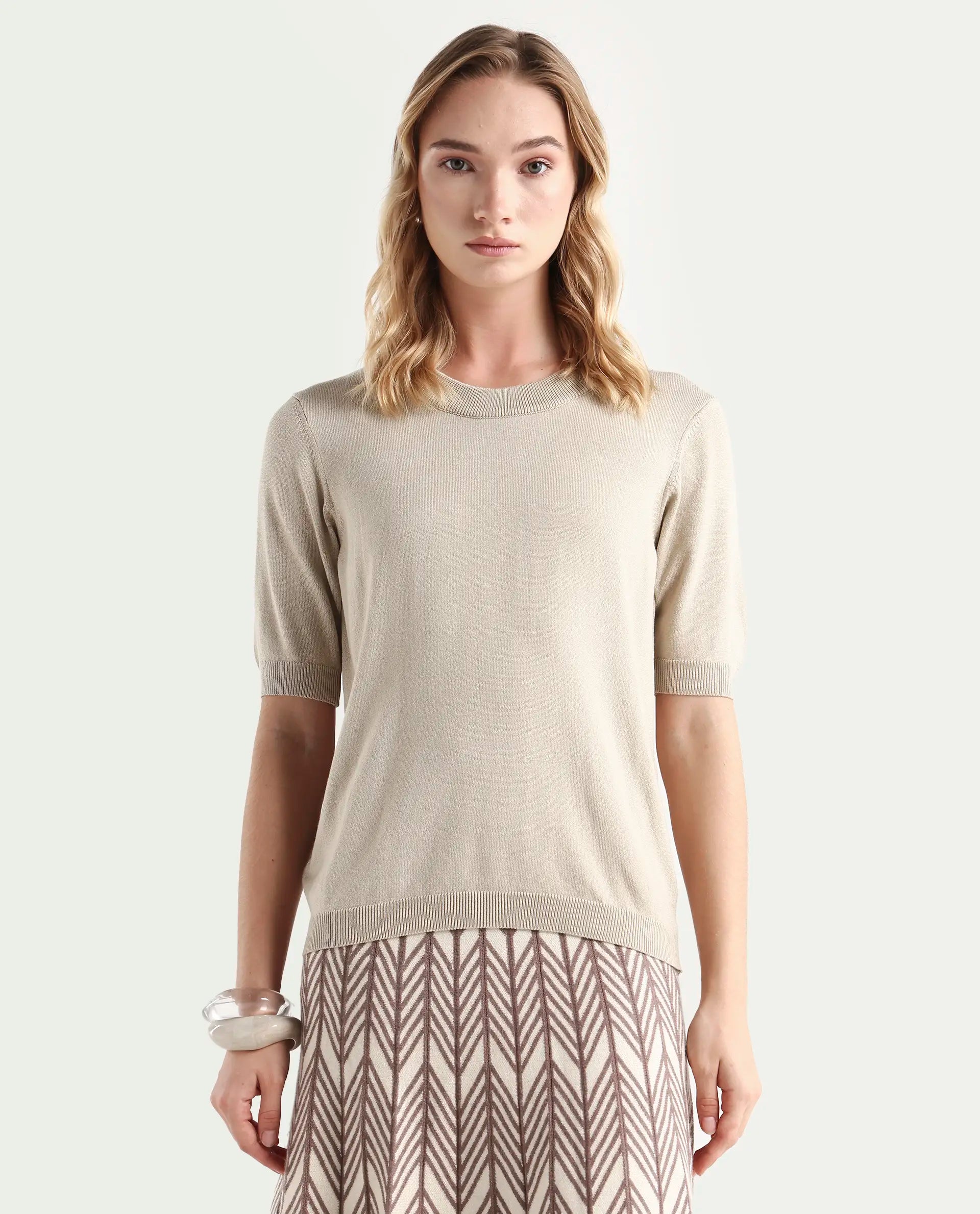 Rareism Women's Rohrdo Light Beige Viscose Blend Crew Neck Regular Fit Plain Sweater