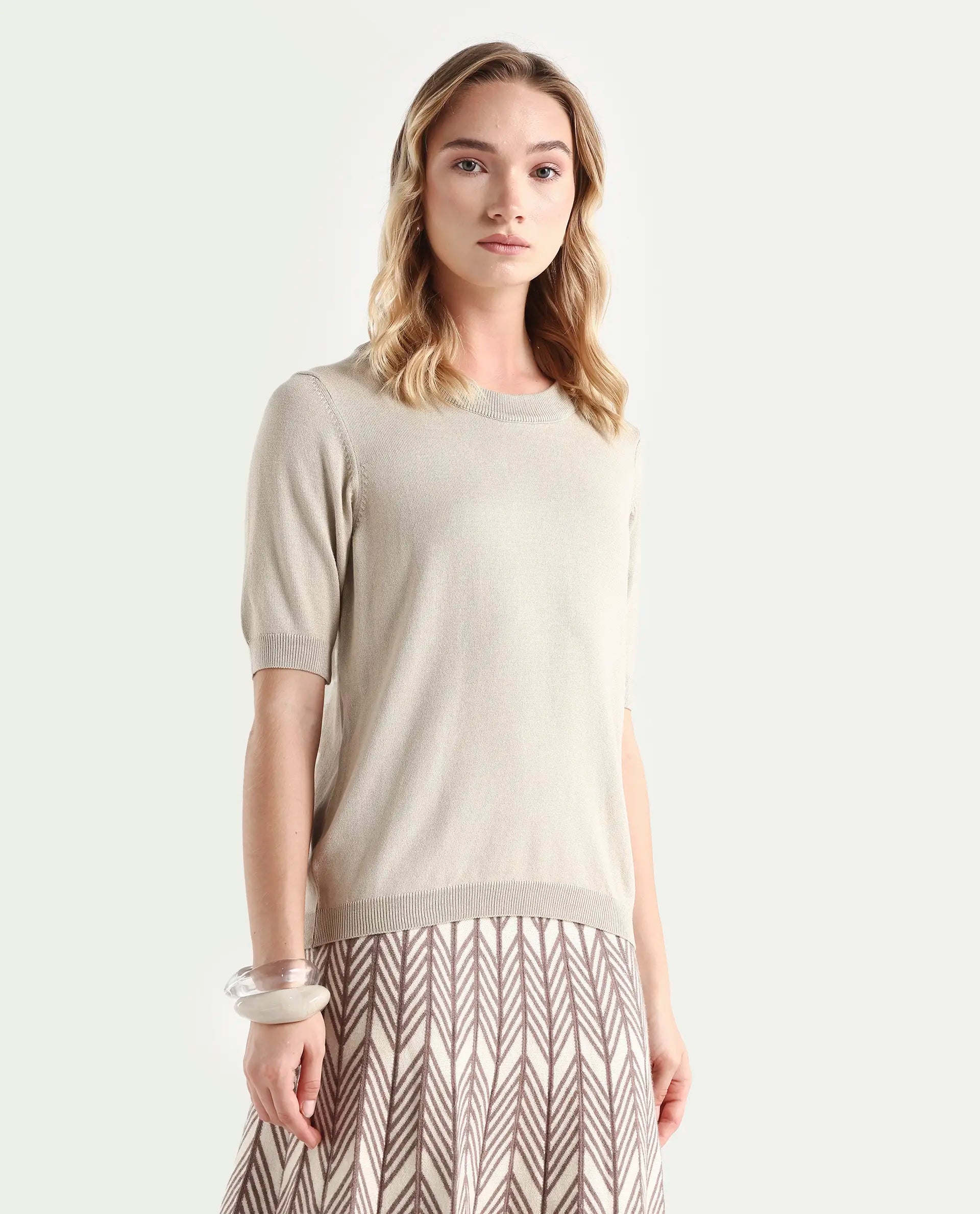 Rareism Women's Rohrdo Light Beige Viscose Blend Crew Neck Regular Fit Plain Sweater