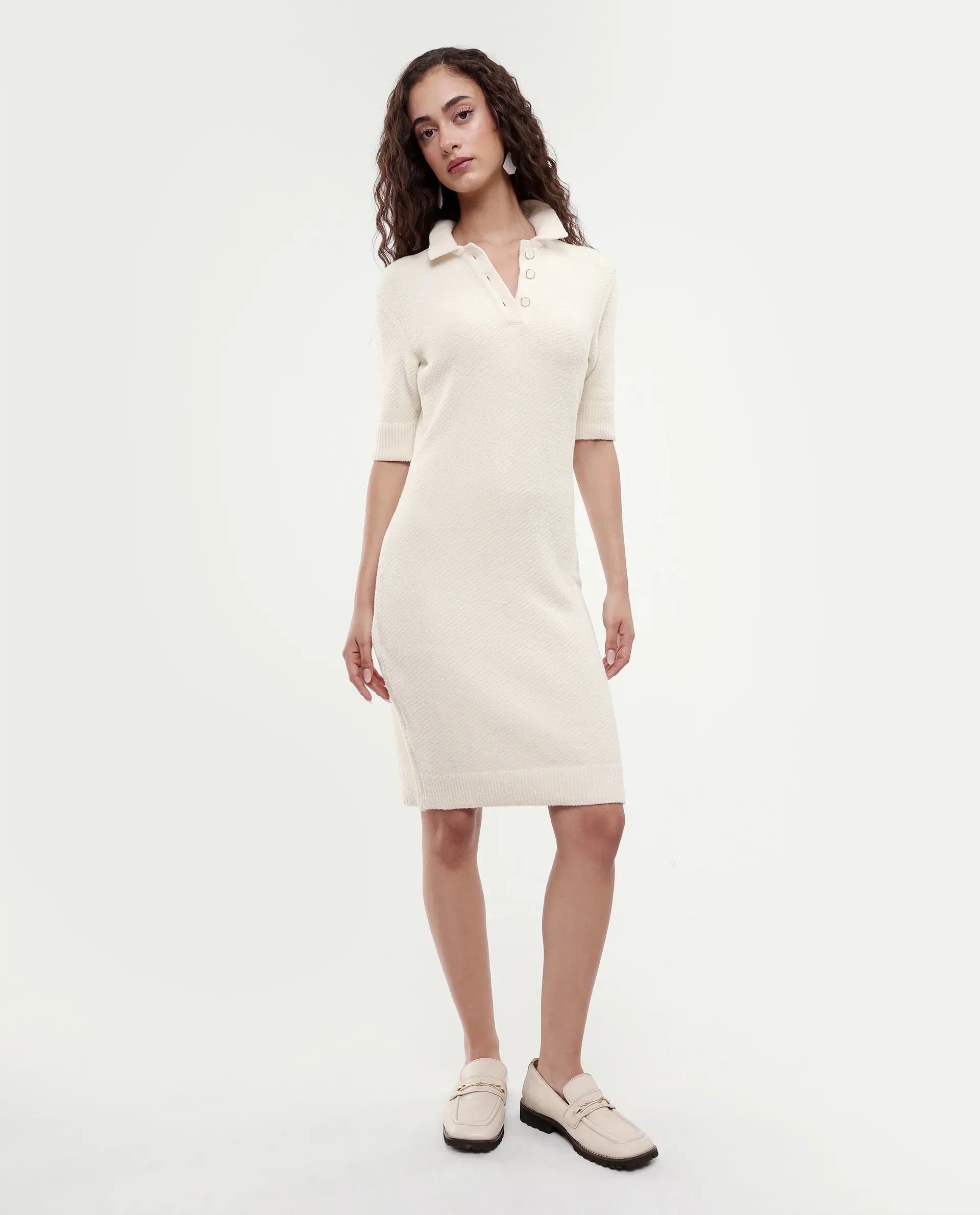 Rareism Women's Afchen Off White Nylon Spread Collar Regular Fit Plain Dress