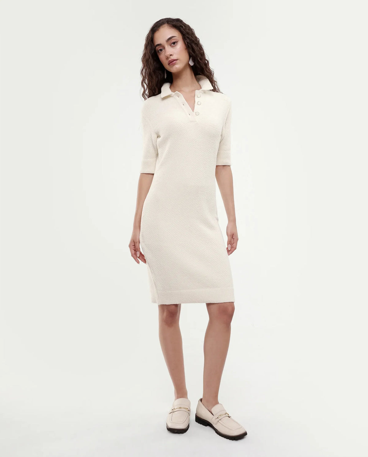 Rareism Women's Afchen Off White Nylon Spread Collar Regular Fit Plain Dress