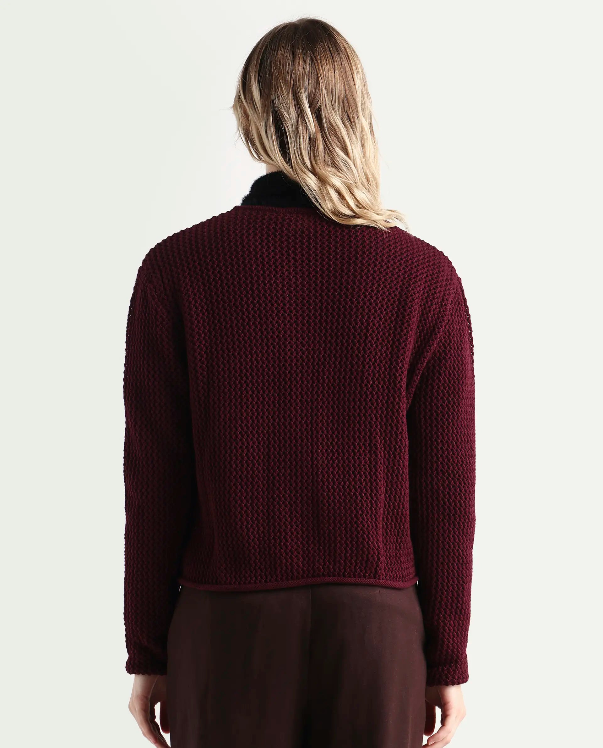 Rareism Women's Chetza Dark Maroon Cotton Crew Neck Relaxed Fit Cardigan