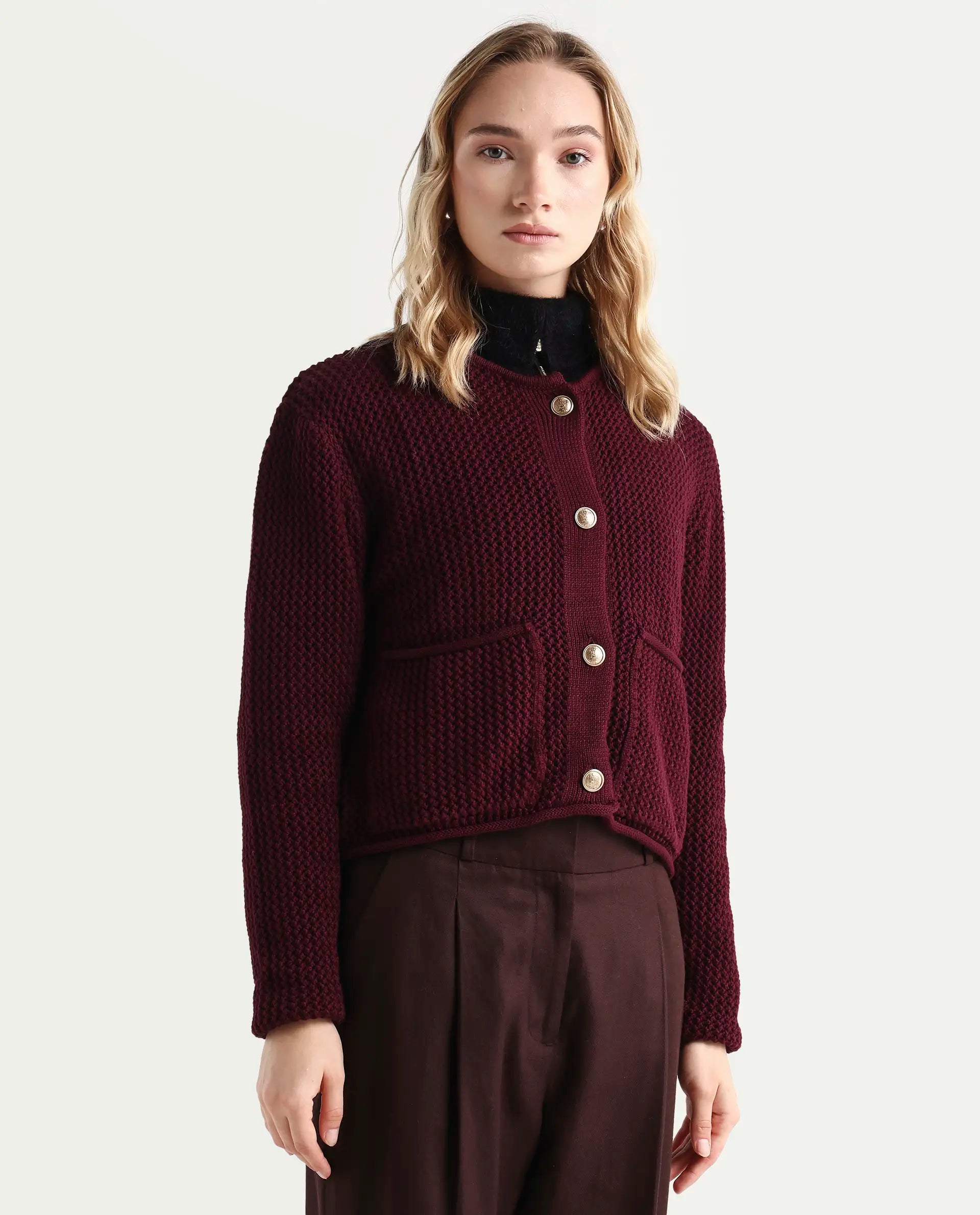 Rareism Women's Chetza Dark Maroon Cotton Crew Neck Relaxed Fit Cardigan